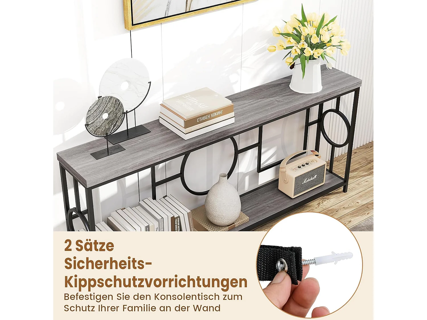 Vintage consoletafel 180 cm, haltafel met 2 niveaus, banktafel smal met metalen frame, entreetafel, hout, bijzettafel voor woonkamer, kantoor en entreeVH34230