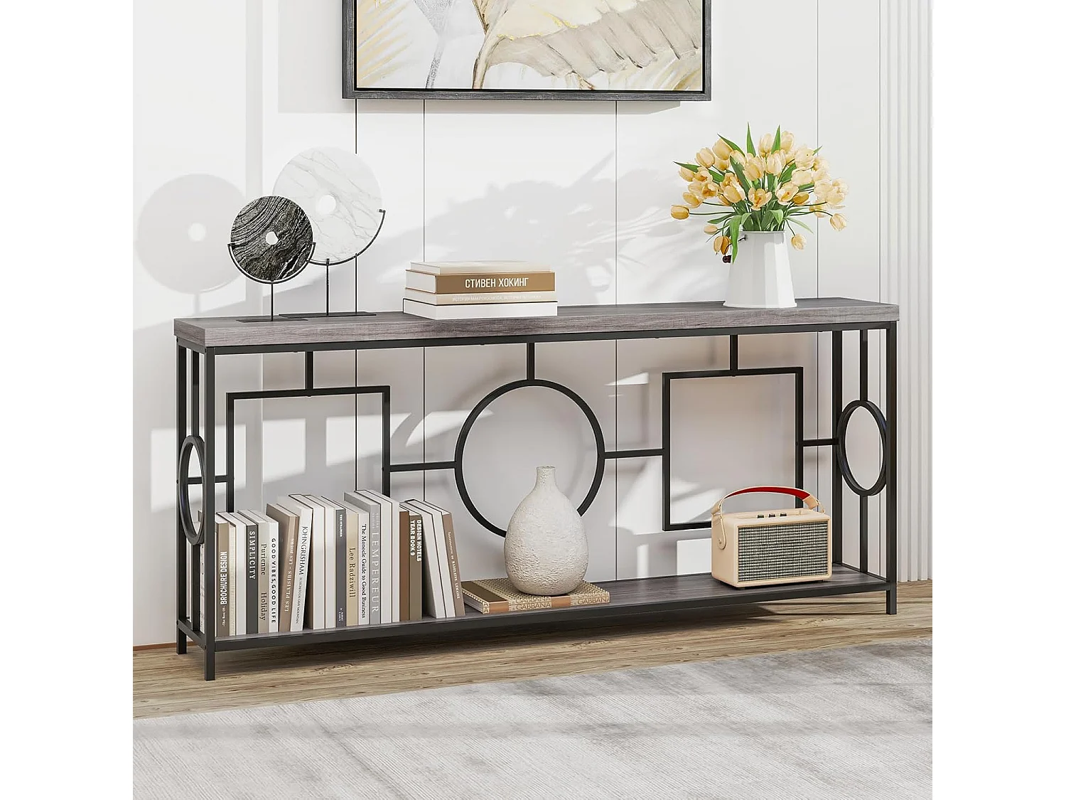 Vintage consoletafel 180 cm, haltafel met 2 niveaus, banktafel smal met metalen frame, entreetafel, hout, bijzettafel voor woonkamer, kantoor en entreeVH34230