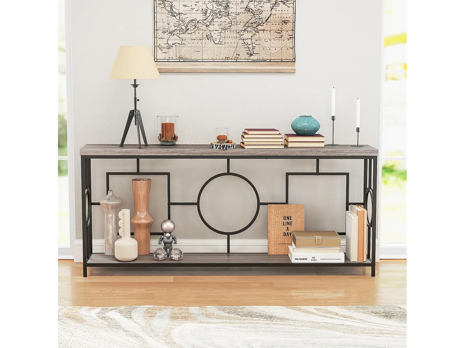 Vintage consoletafel 180 cm, haltafel met 2 niveaus, banktafel smal met metalen frame, entreetafel, hout, bijzettafel voor woonkamer, kantoor en entreeVH34230