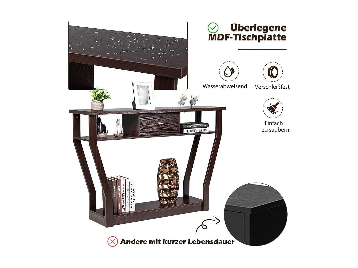 Consoletafel met lade en plank, haltafel van hout, entreetafel, bijzettafel voor ingang, woonkamer slaapkamer 120 x 30 x 81 cm (bruin)TI82413