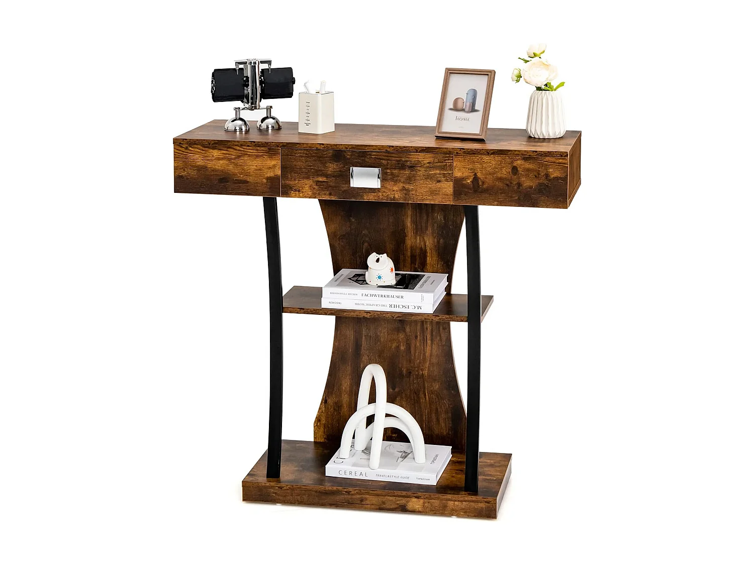 Houten consoletafel, met laden en metalen frame en 2 planken, smalle gangtafel, bijzettafel met kantelbeveiliging, voor entree en woonkamer (vintage)