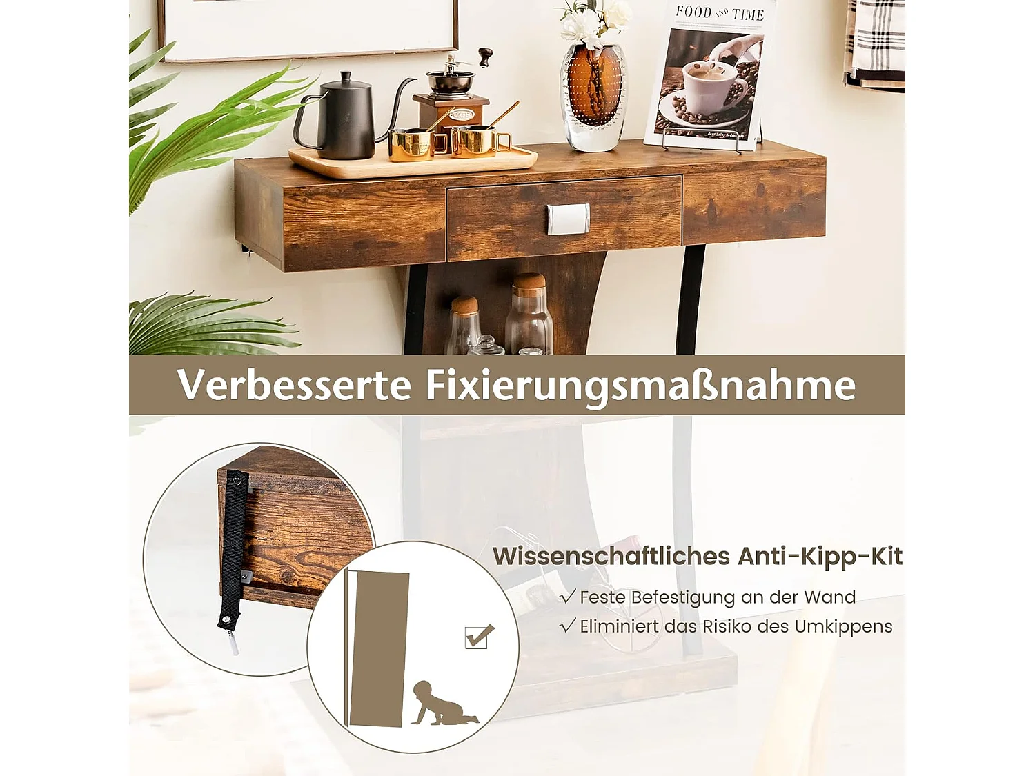 Houten consoletafel, met laden en metalen frame en 2 planken, smalle gangtafel, bijzettafel met kantelbeveiliging, voor entree en woonkamer (vintage)