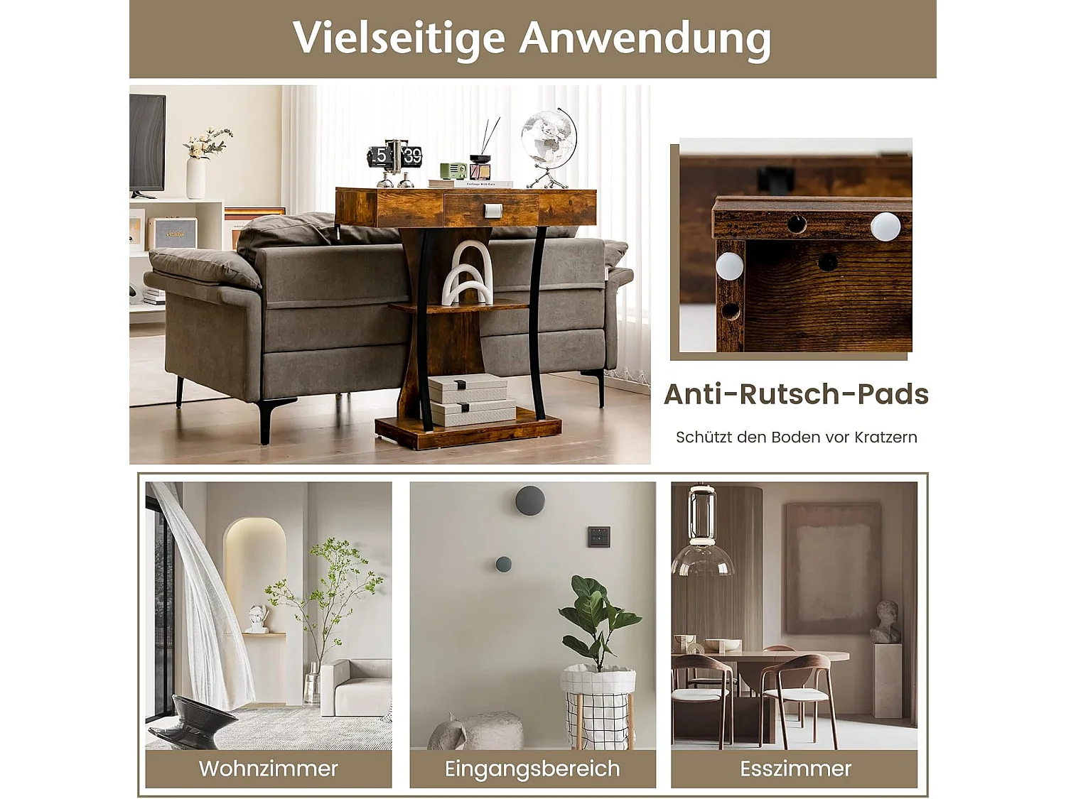 Houten consoletafel, met laden en metalen frame en 2 planken, smalle gangtafel, bijzettafel met kantelbeveiliging, voor entree en woonkamer (vintage)