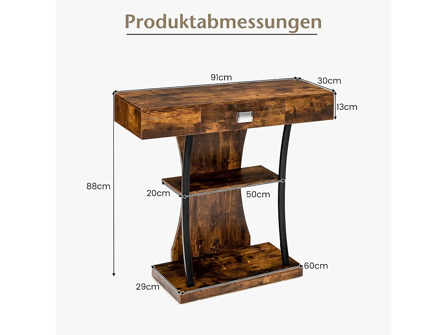 Houten consoletafel, met laden en metalen frame en 2 planken, smalle gangtafel, bijzettafel met kantelbeveiliging, voor entree en woonkamer (vintage)
