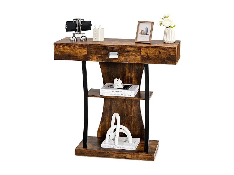 Houten consoletafel, met laden en metalen frame en 2 planken, smalle gangtafel, bijzettafel met kantelbeveiliging, voor entree en woonkamer (vintage)