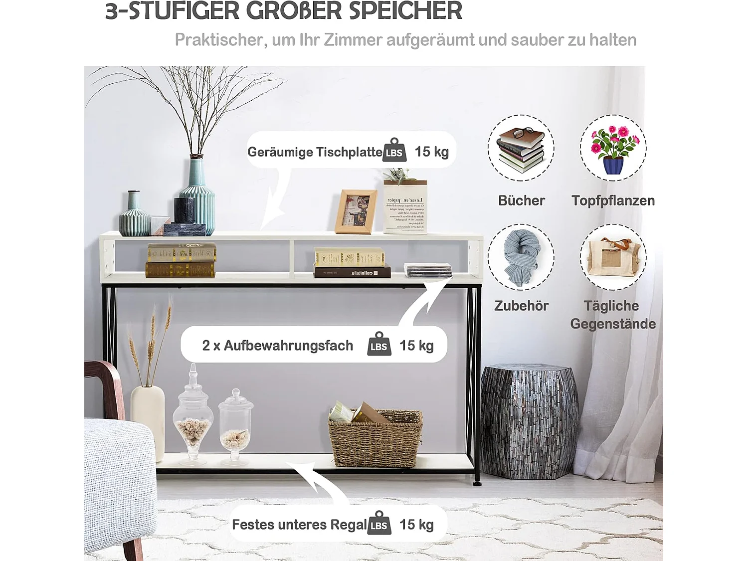 2 Lagen consoletafel, gangtafel entreetafel met open plank & opbergcompartimenten,compacte industriële bijzettafel voor woonkamer/entree/gang(Wit)TH32238