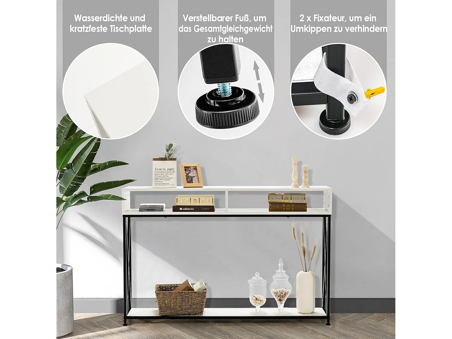 2 Lagen consoletafel, gangtafel entreetafel met open plank & opbergcompartimenten,compacte industriële bijzettafel voor woonkamer/entree/gang(Wit)TH32238