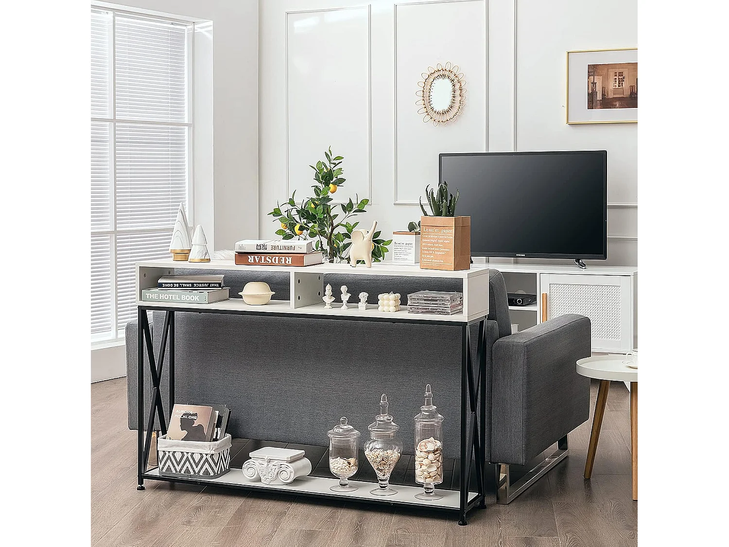 2 Lagen consoletafel, gangtafel entreetafel met open plank & opbergcompartimenten,compacte industriële bijzettafel voor woonkamer/entree/gang(Wit)TH32238