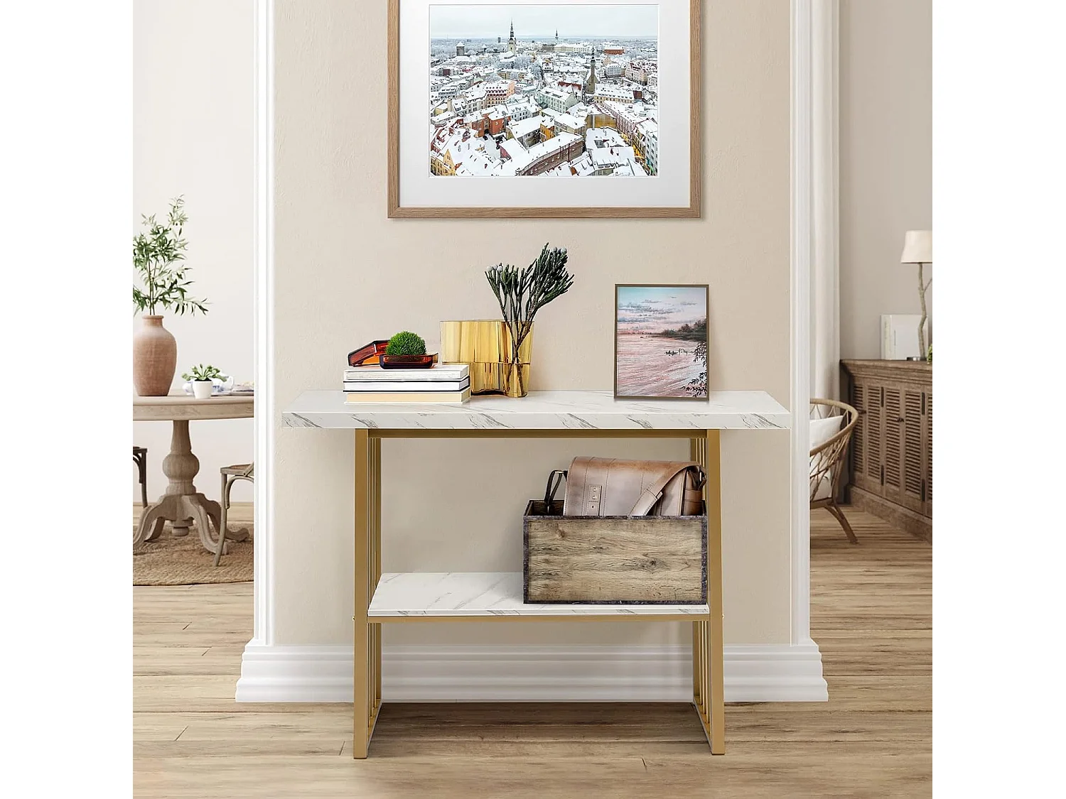 Consoletafel smal, bijzettafel, goudkleurig, marmerlook, houten haltafel, 2 niveaus, 120 x 29,5 x 92,5 cm, ideaal voor hal en woonkamer, modernVH32610