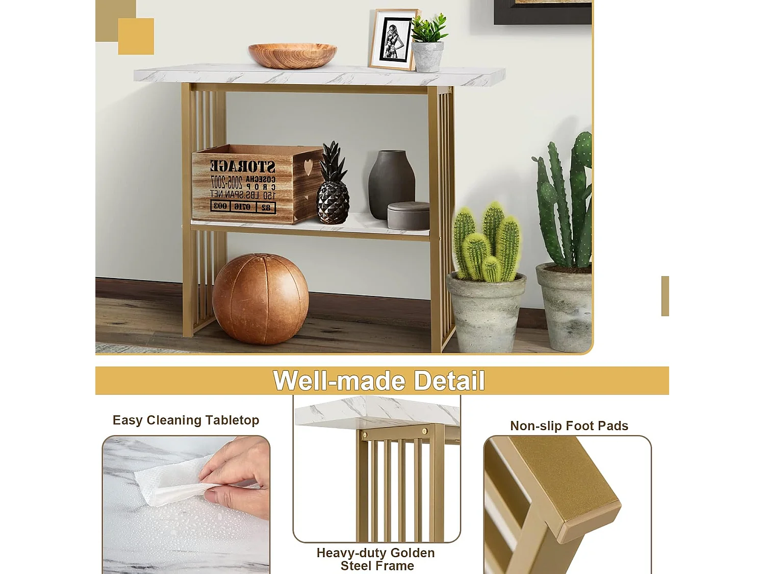 Consoletafel smal, bijzettafel, goudkleurig, marmerlook, houten haltafel, 2 niveaus, 120 x 29,5 x 92,5 cm, ideaal voor hal en woonkamer, modernVH32610