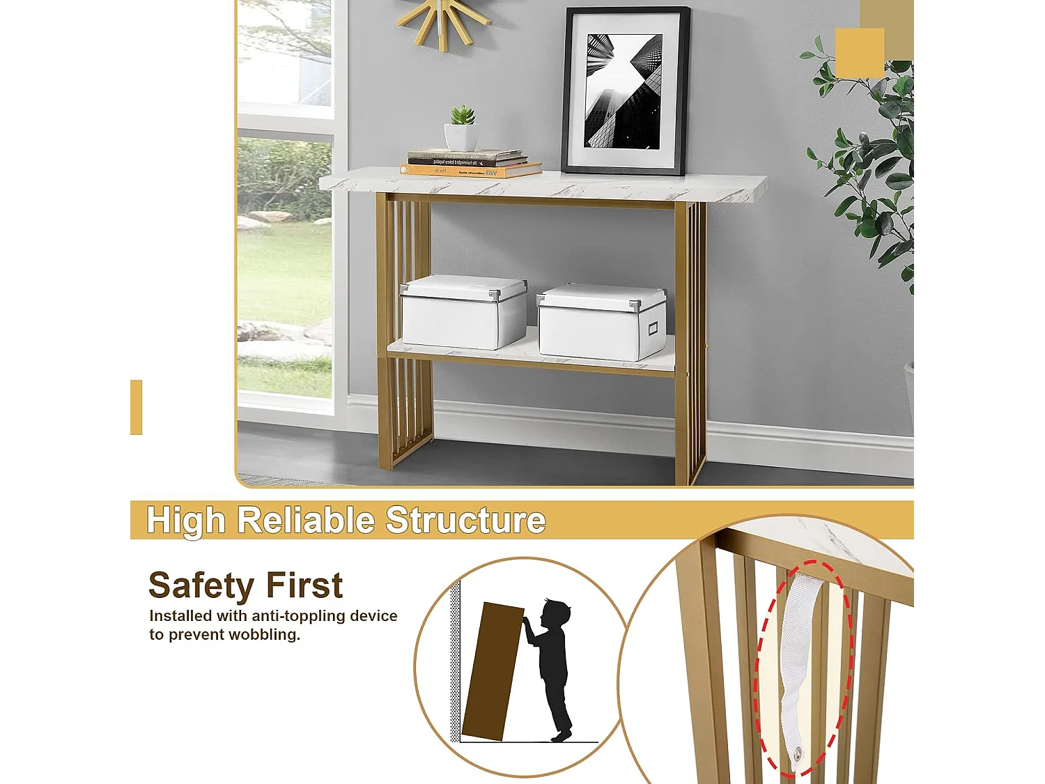 Consoletafel smal, bijzettafel, goudkleurig, marmerlook, houten haltafel, 2 niveaus, 120 x 29,5 x 92,5 cm, ideaal voor hal en woonkamer, modernVH32610