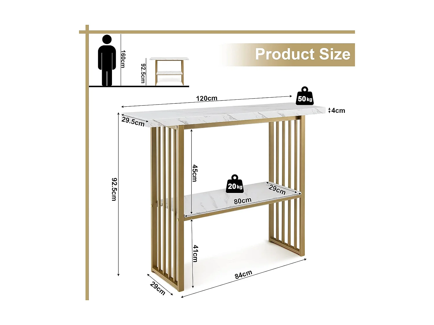 Consoletafel smal, bijzettafel, goudkleurig, marmerlook, houten haltafel, 2 niveaus, 120 x 29,5 x 92,5 cm, ideaal voor hal en woonkamer, modernVH32610
