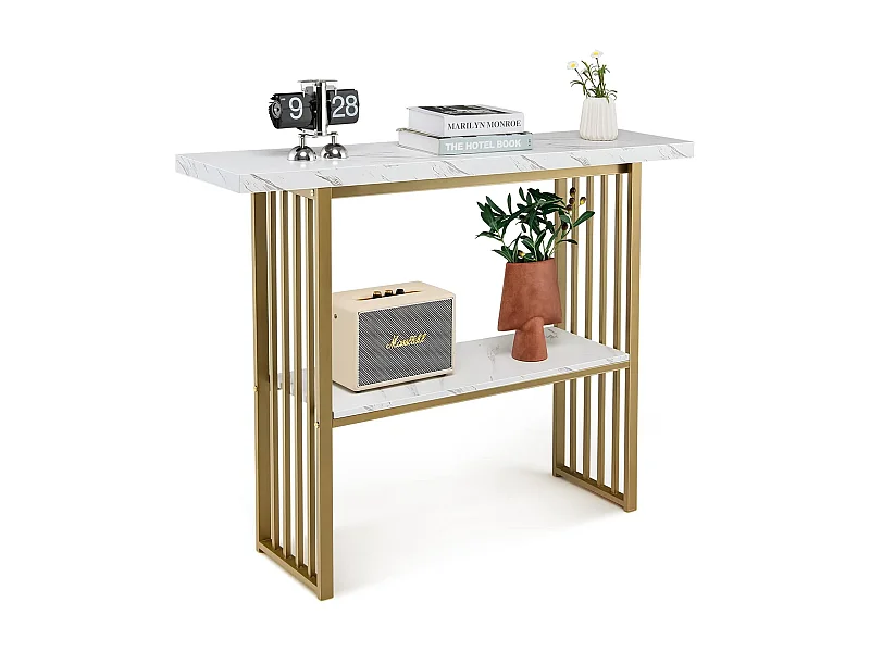 Consoletafel smal, bijzettafel, goudkleurig, marmerlook, houten haltafel, 2 niveaus, 120 x 29,5 x 92,5 cm, ideaal voor hal en woonkamer, modernVH32610