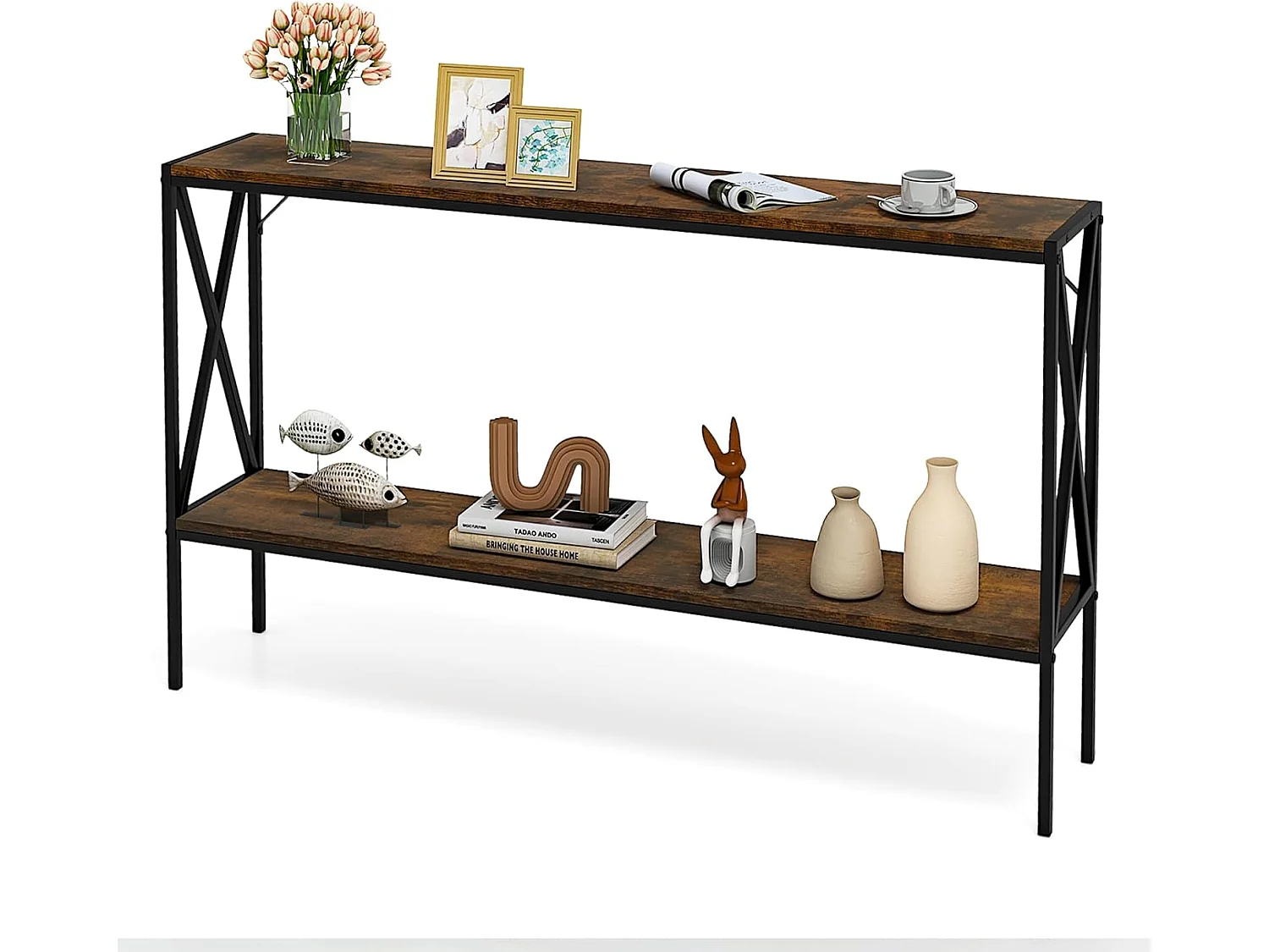 Consoletafel, 120 cm, smal, banktafel met geometrisch metalen frame, bijzettafel, 2 niveaus voor woonkamer, hal, ingang, industrieel designVH34356