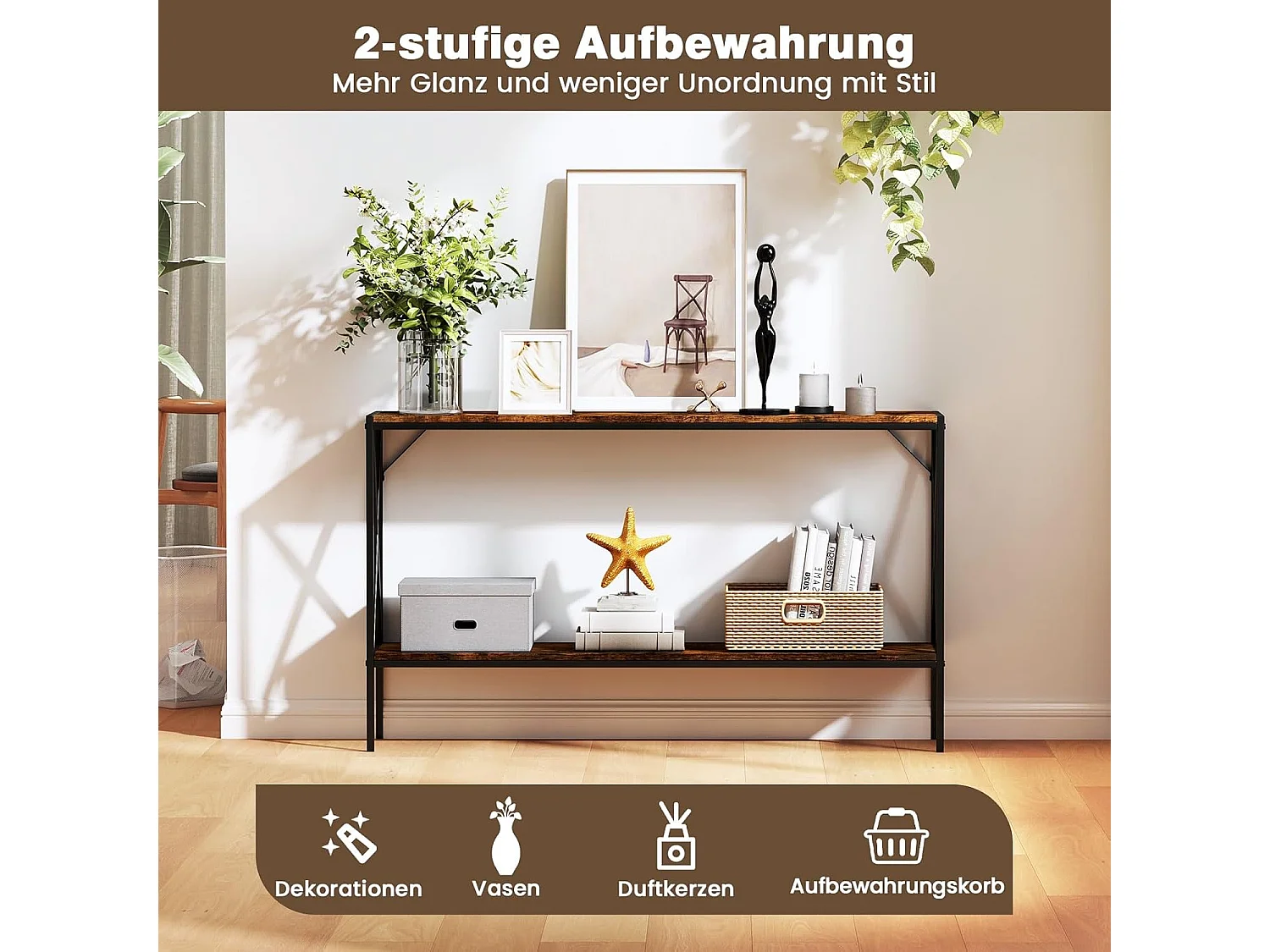 Consoletafel, 120 cm, smal, banktafel met geometrisch metalen frame, bijzettafel, 2 niveaus voor woonkamer, hal, ingang, industrieel designVH34356