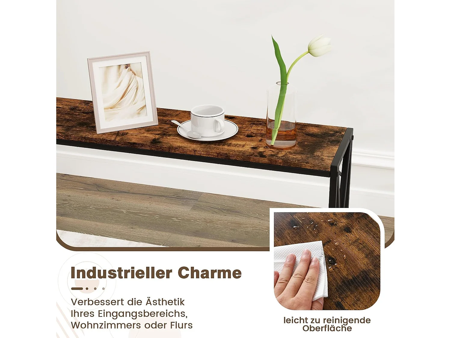 Consoletafel, 120 cm, smal, banktafel met geometrisch metalen frame, bijzettafel, 2 niveaus voor woonkamer, hal, ingang, industrieel designVH34356