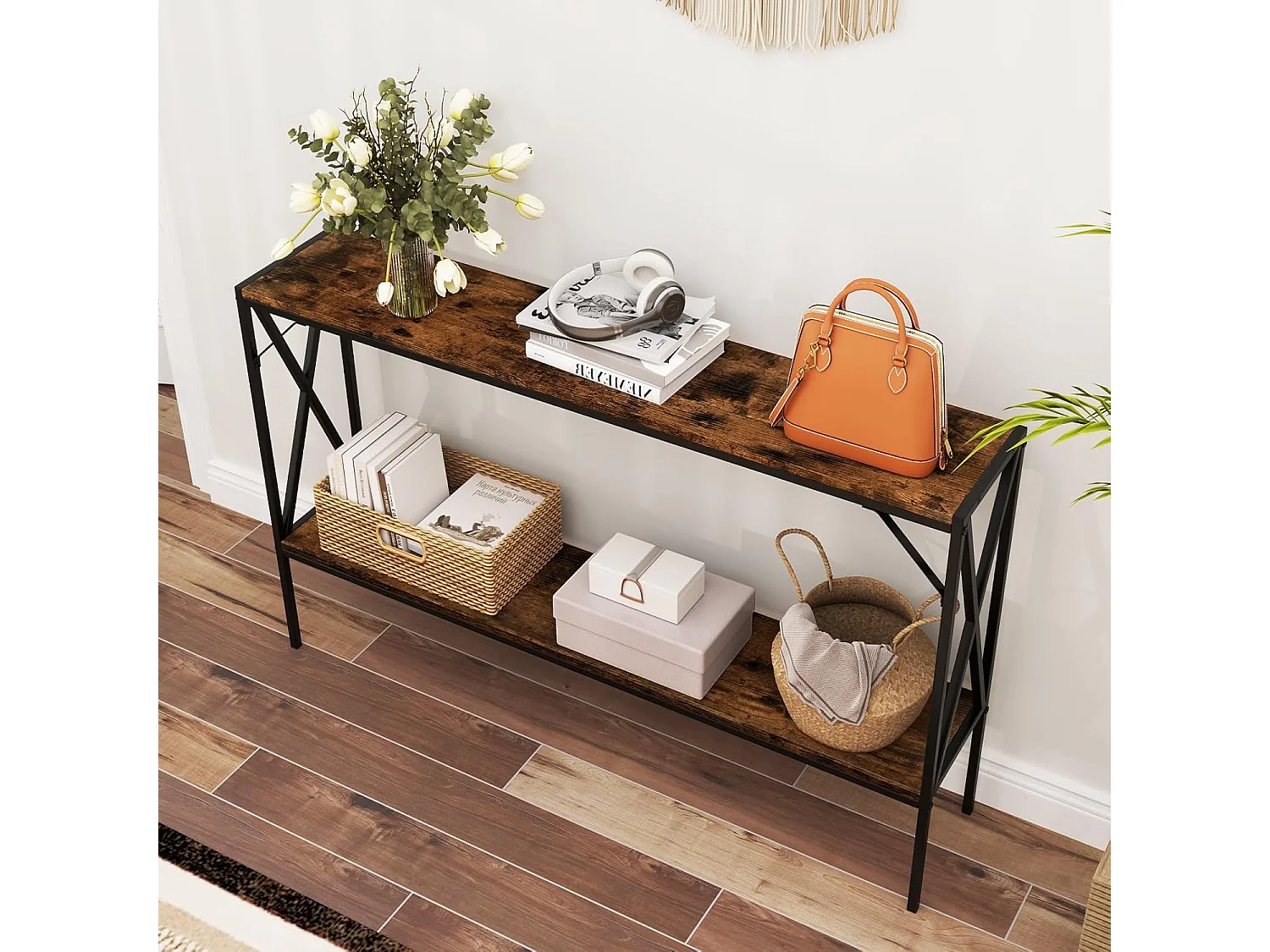 Consoletafel, 120 cm, smal, banktafel met geometrisch metalen frame, bijzettafel, 2 niveaus voor woonkamer, hal, ingang, industrieel designVH34356