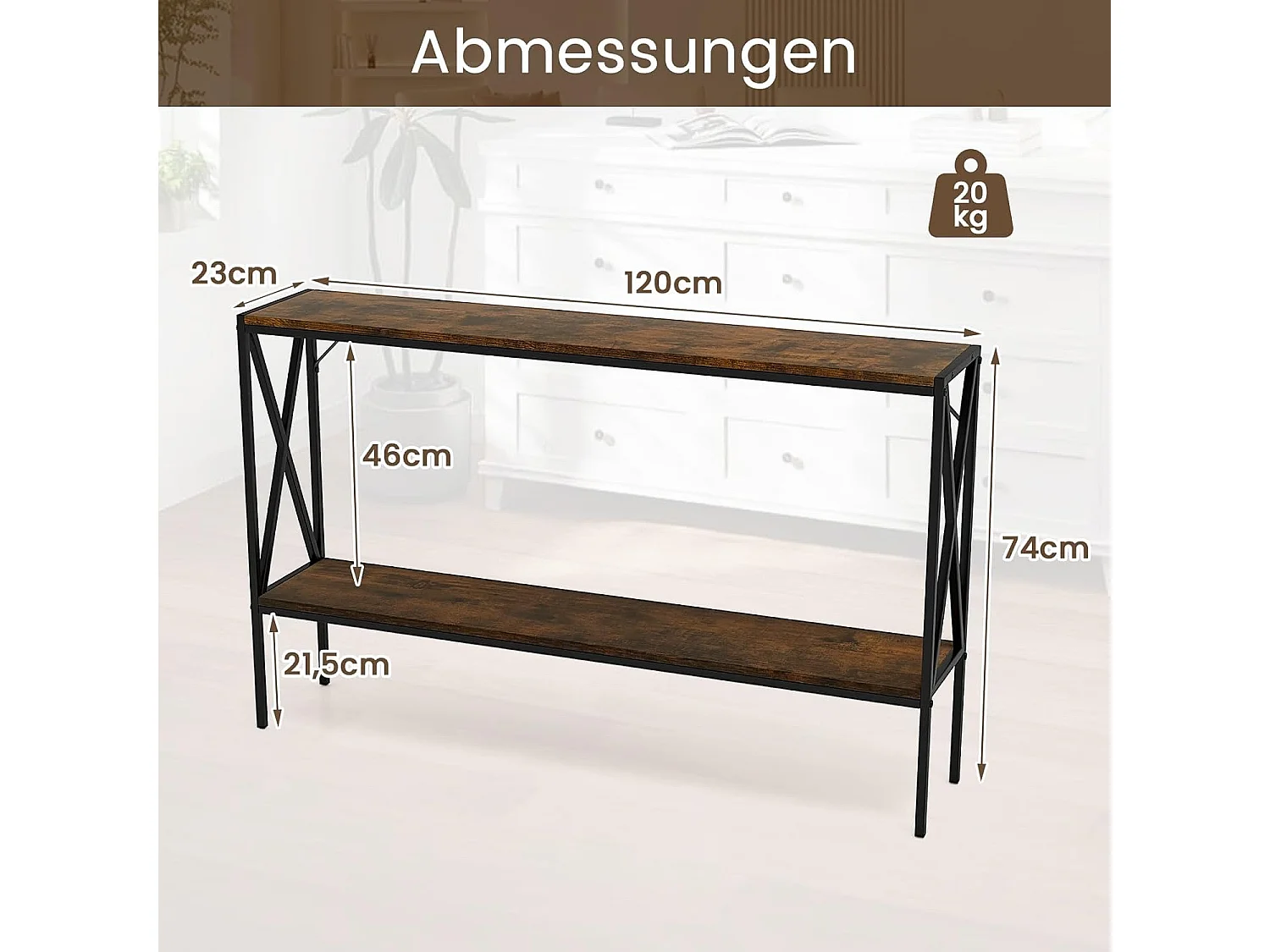 Consoletafel, 120 cm, smal, banktafel met geometrisch metalen frame, bijzettafel, 2 niveaus voor woonkamer, hal, ingang, industrieel designVH34356