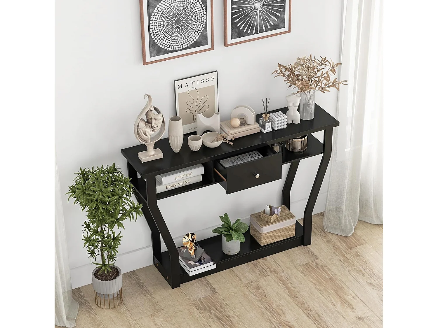 Consoletafel met lade en plank, haltafel van hout, entreetafel, bijzettafel voor ingang, woonkamer slaapkamer 120 x 30 x 81 cm (zwart)TI82413