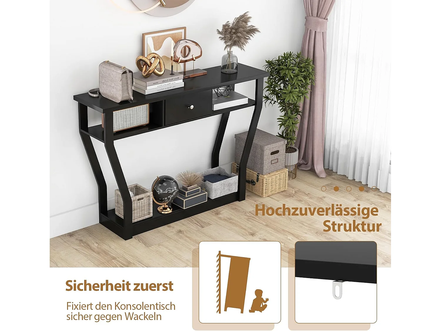 Consoletafel met lade en plank, haltafel van hout, entreetafel, bijzettafel voor ingang, woonkamer slaapkamer 120 x 30 x 81 cm (zwart)TI82413