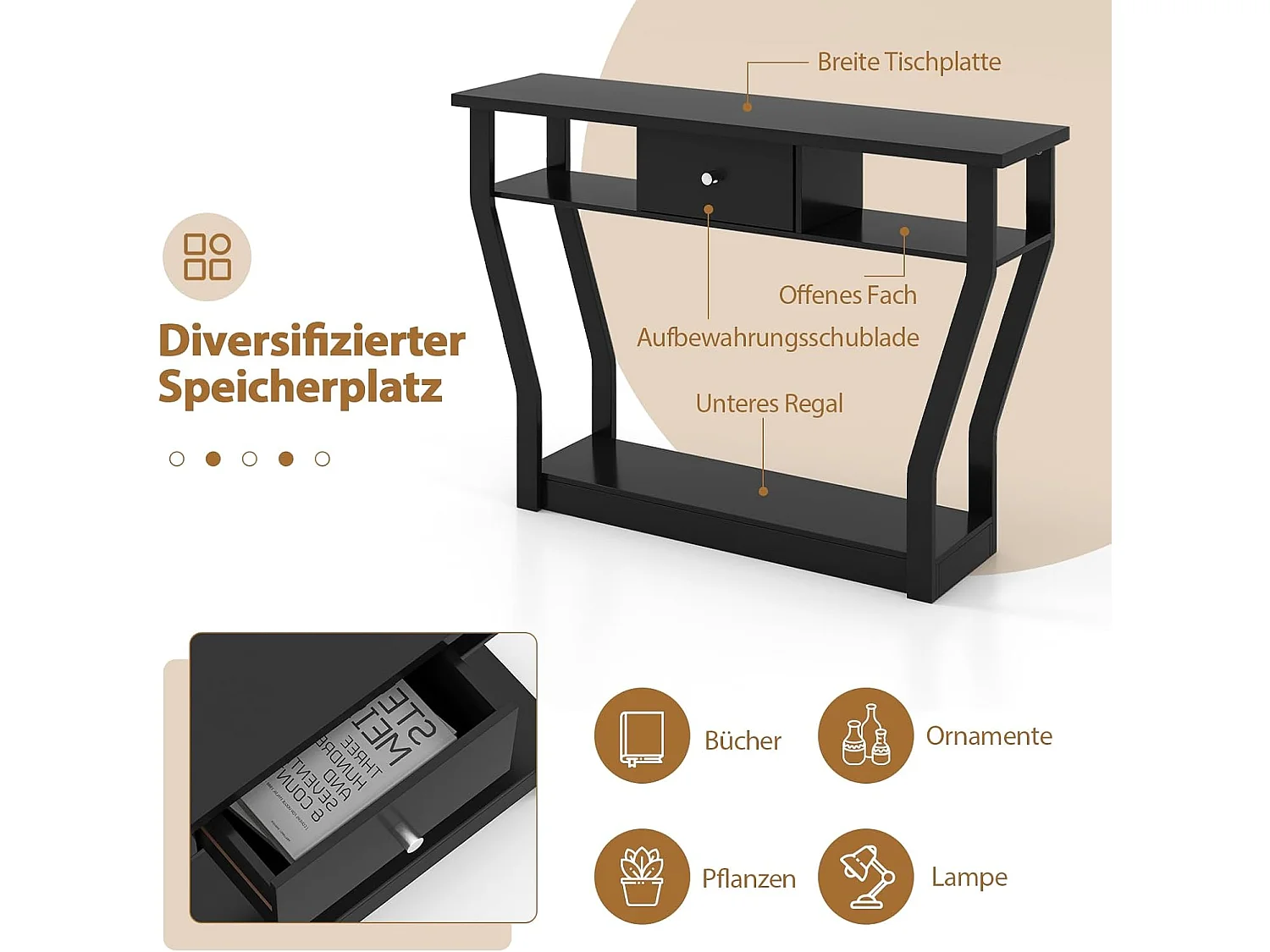 Consoletafel met lade en plank, haltafel van hout, entreetafel, bijzettafel voor ingang, woonkamer slaapkamer 120 x 30 x 81 cm (zwart)TI82413
