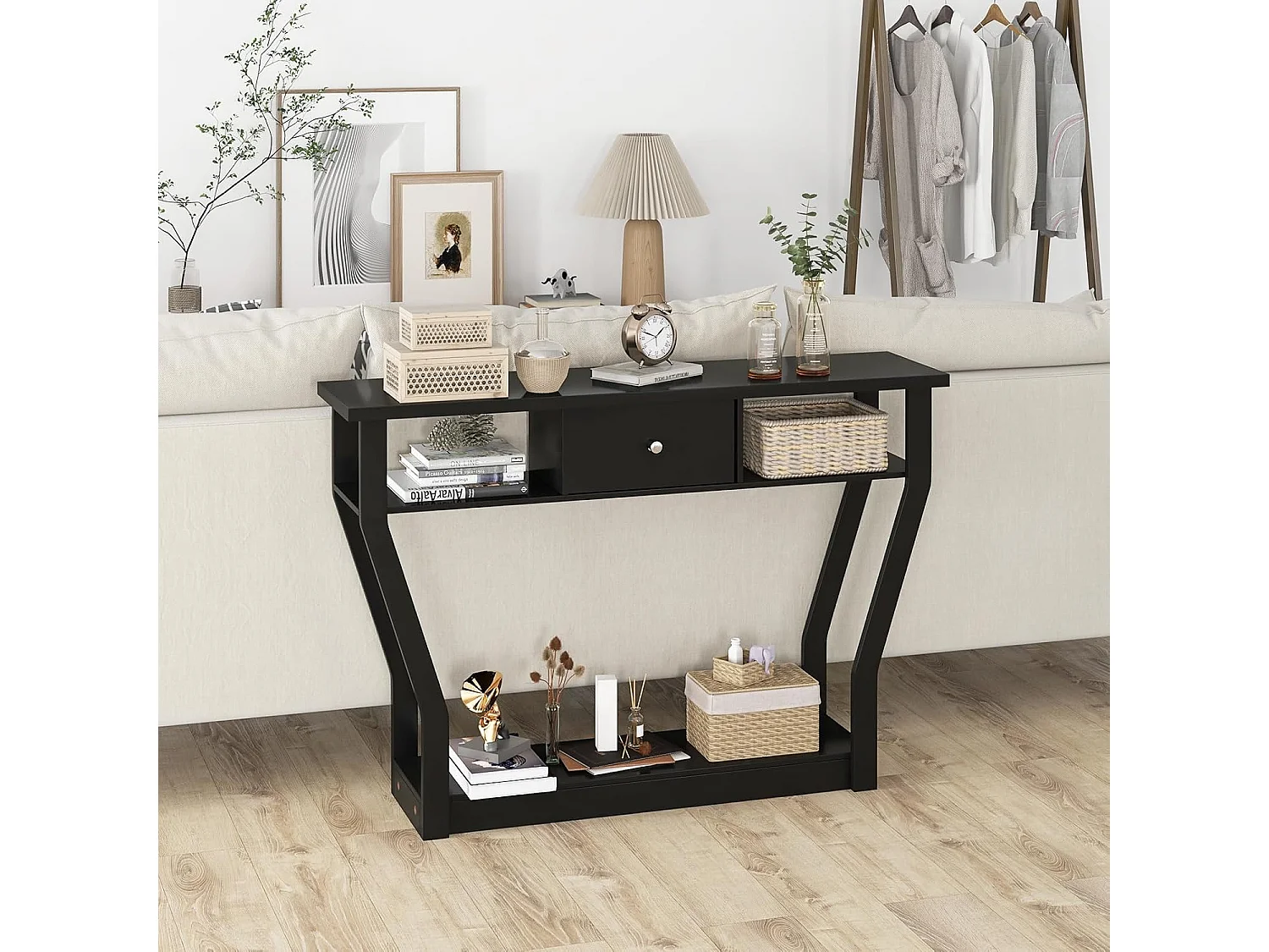 Consoletafel met lade en plank, haltafel van hout, entreetafel, bijzettafel voor ingang, woonkamer slaapkamer 120 x 30 x 81 cm (zwart)TI82413