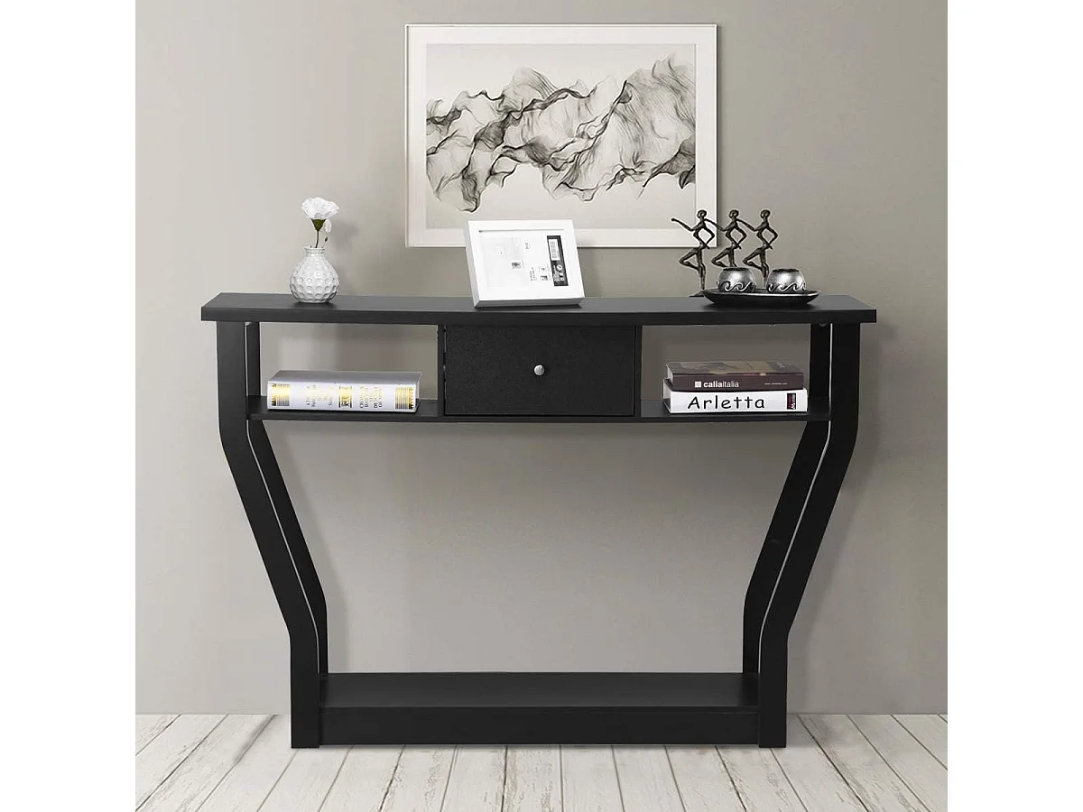 Consoletafel met lade en plank, haltafel van hout, entreetafel, bijzettafel voor ingang, woonkamer slaapkamer 120 x 30 x 81 cm (zwart)TI82413