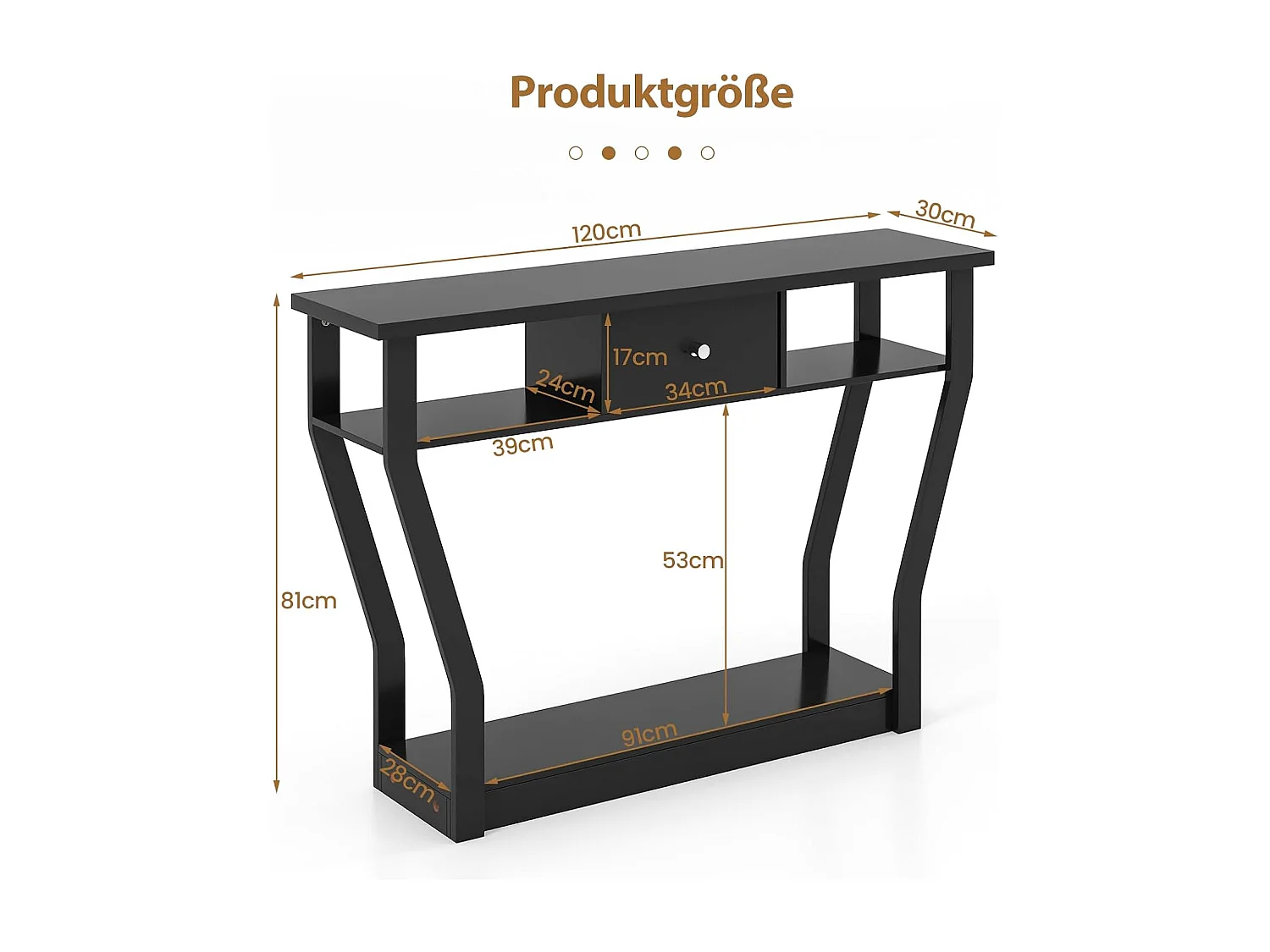 Consoletafel met lade en plank, haltafel van hout, entreetafel, bijzettafel voor ingang, woonkamer slaapkamer 120 x 30 x 81 cm (zwart)TI82413