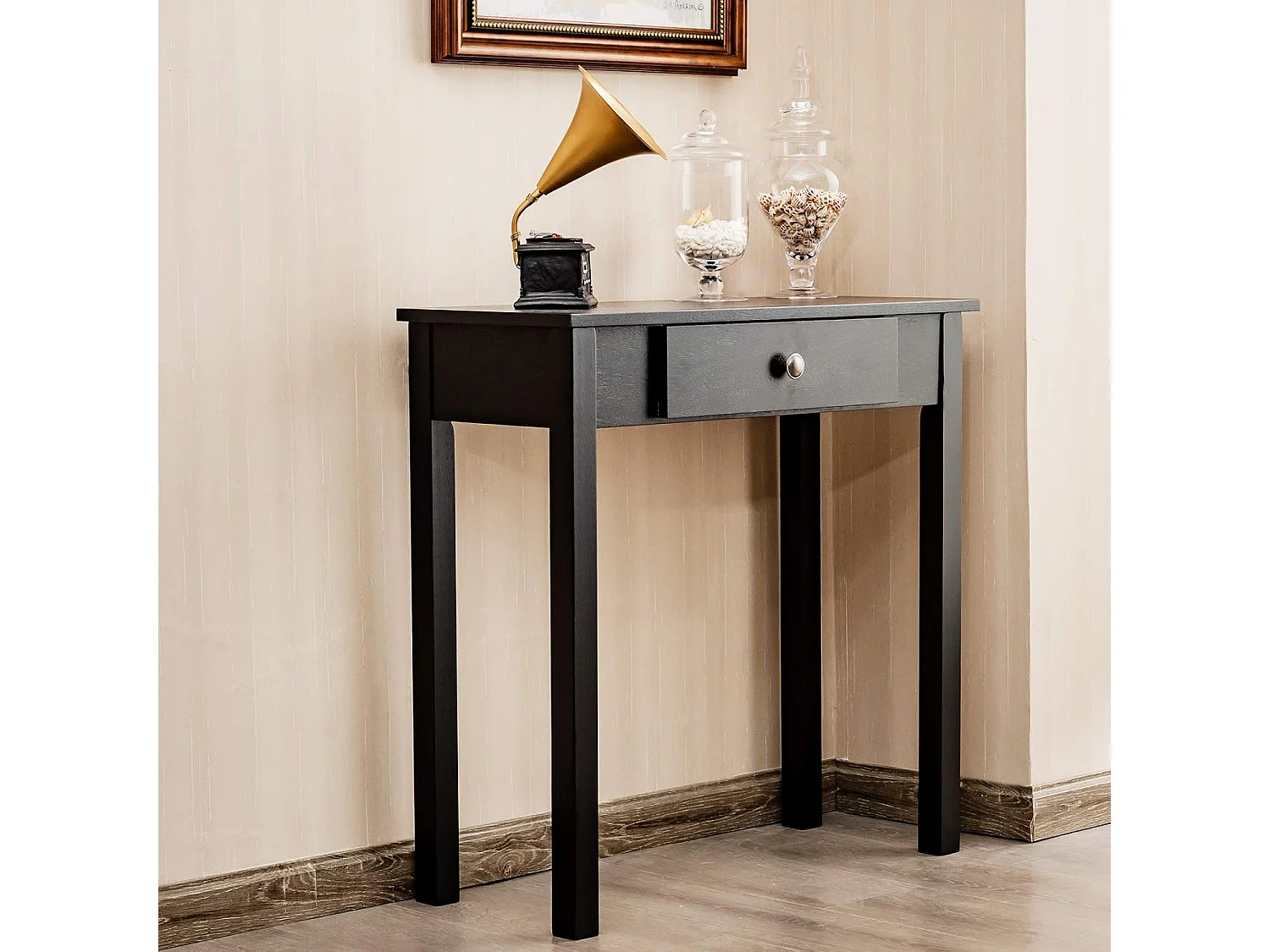 Consoletafel met lade, smal, bijzettafel industrieel van hout, haltafel voor ingang, woonkamer, slaapkamer, 71 x 30 x 71 cm (zwart)TI87132