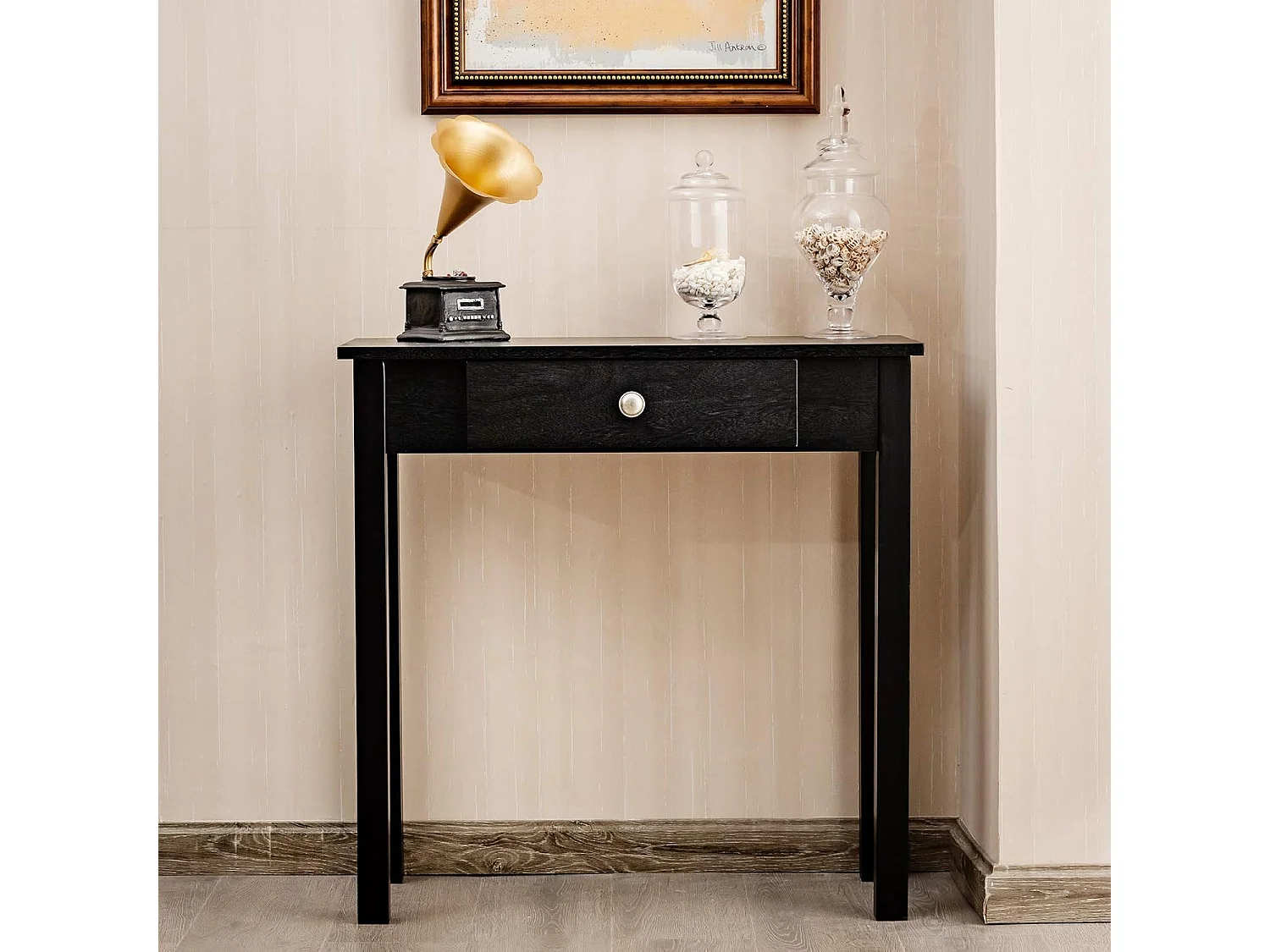 Consoletafel met lade, smal, bijzettafel industrieel van hout, haltafel voor ingang, woonkamer, slaapkamer, 71 x 30 x 71 cm (zwart)TI87132