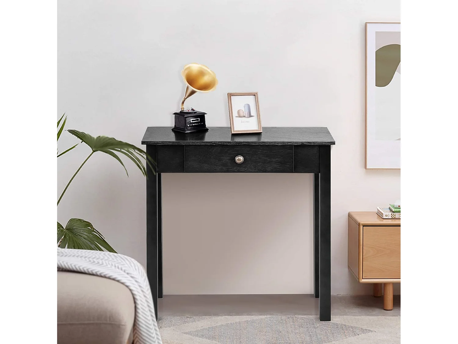Consoletafel met lade, smal, bijzettafel industrieel van hout, haltafel voor ingang, woonkamer, slaapkamer, 71 x 30 x 71 cm (zwart)TI87132