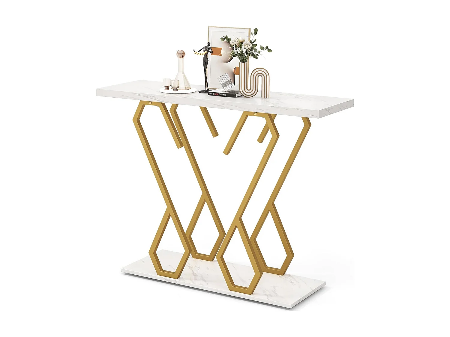 Consoletafel, entreetafel, marmerlook, smalle sofatafel, met metalen frame in vlindervorm,goud + wit, 100 x 30 x 79 cm, voor woonkamer, kantoor en entree
