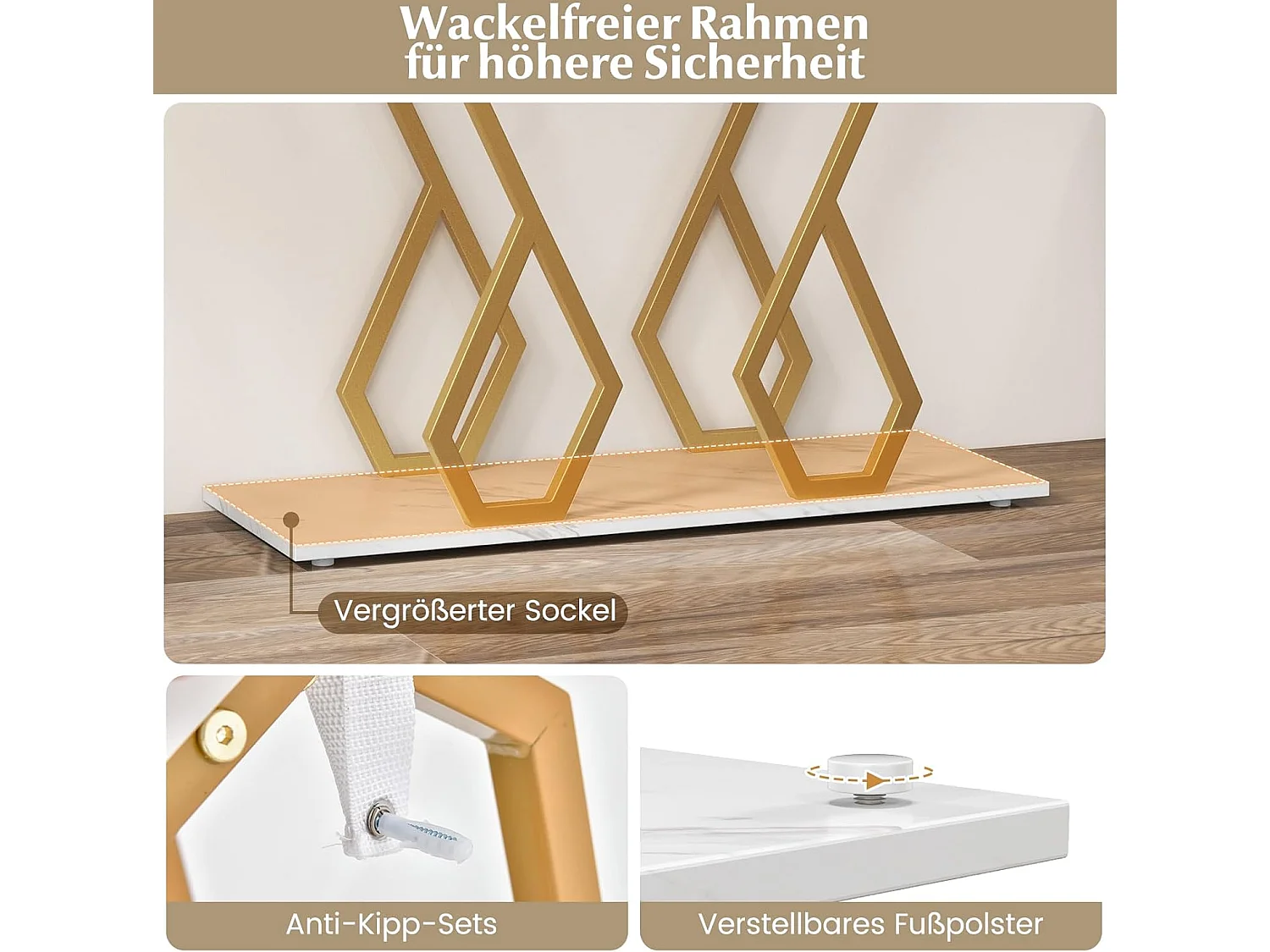 Consoletafel, entreetafel, marmerlook, smalle sofatafel, met metalen frame in vlindervorm,goud + wit, 100 x 30 x 79 cm, voor woonkamer, kantoor en entree