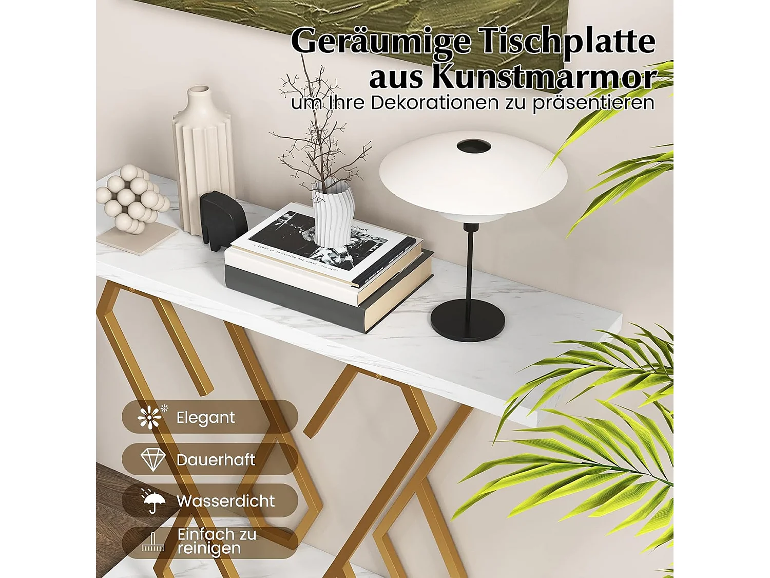 Consoletafel, entreetafel, marmerlook, smalle sofatafel, met metalen frame in vlindervorm,goud + wit, 100 x 30 x 79 cm, voor woonkamer, kantoor en entree