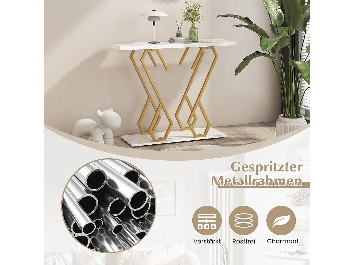 Consoletafel, entreetafel, marmerlook, smalle sofatafel, met metalen frame in vlindervorm,goud + wit, 100 x 30 x 79 cm, voor woonkamer, kantoor en entree