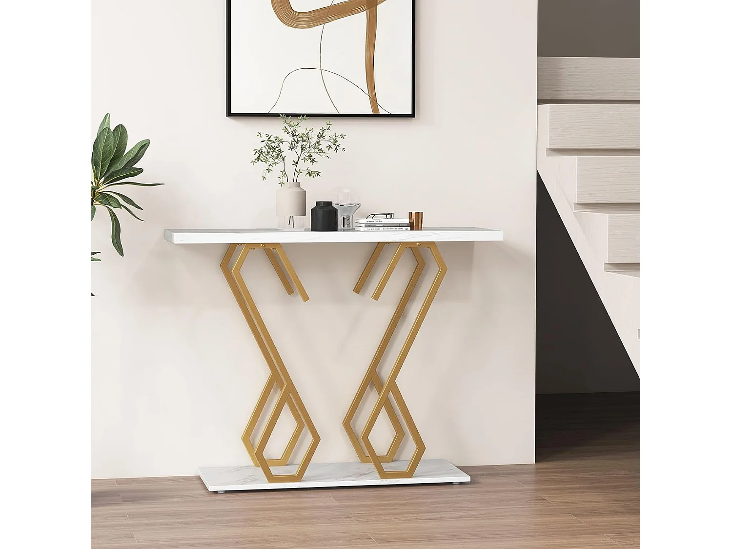 Consoletafel, entreetafel, marmerlook, smalle sofatafel, met metalen frame in vlindervorm,goud + wit, 100 x 30 x 79 cm, voor woonkamer, kantoor en entree