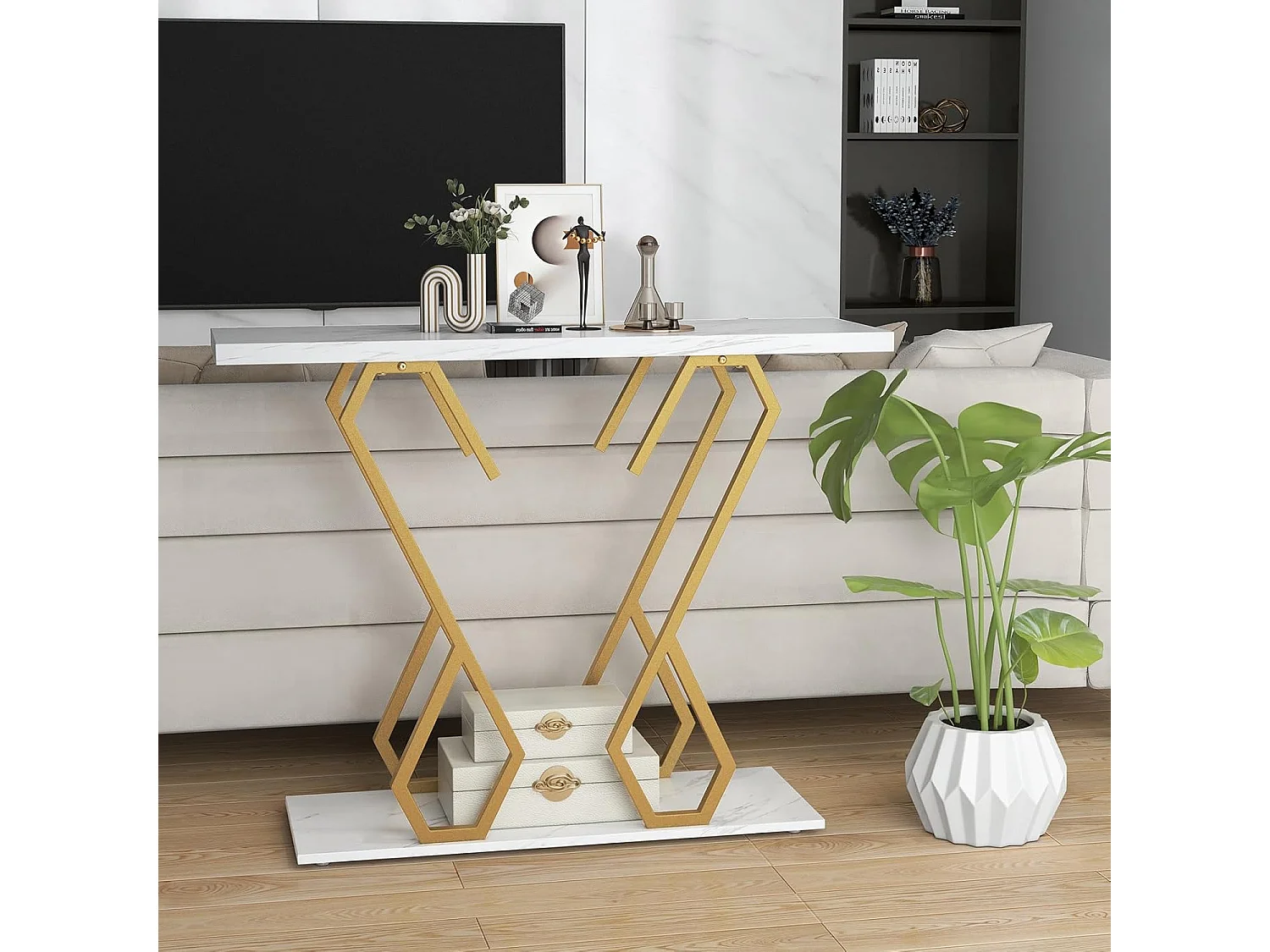 Consoletafel, entreetafel, marmerlook, smalle sofatafel, met metalen frame in vlindervorm,goud + wit, 100 x 30 x 79 cm, voor woonkamer, kantoor en entree