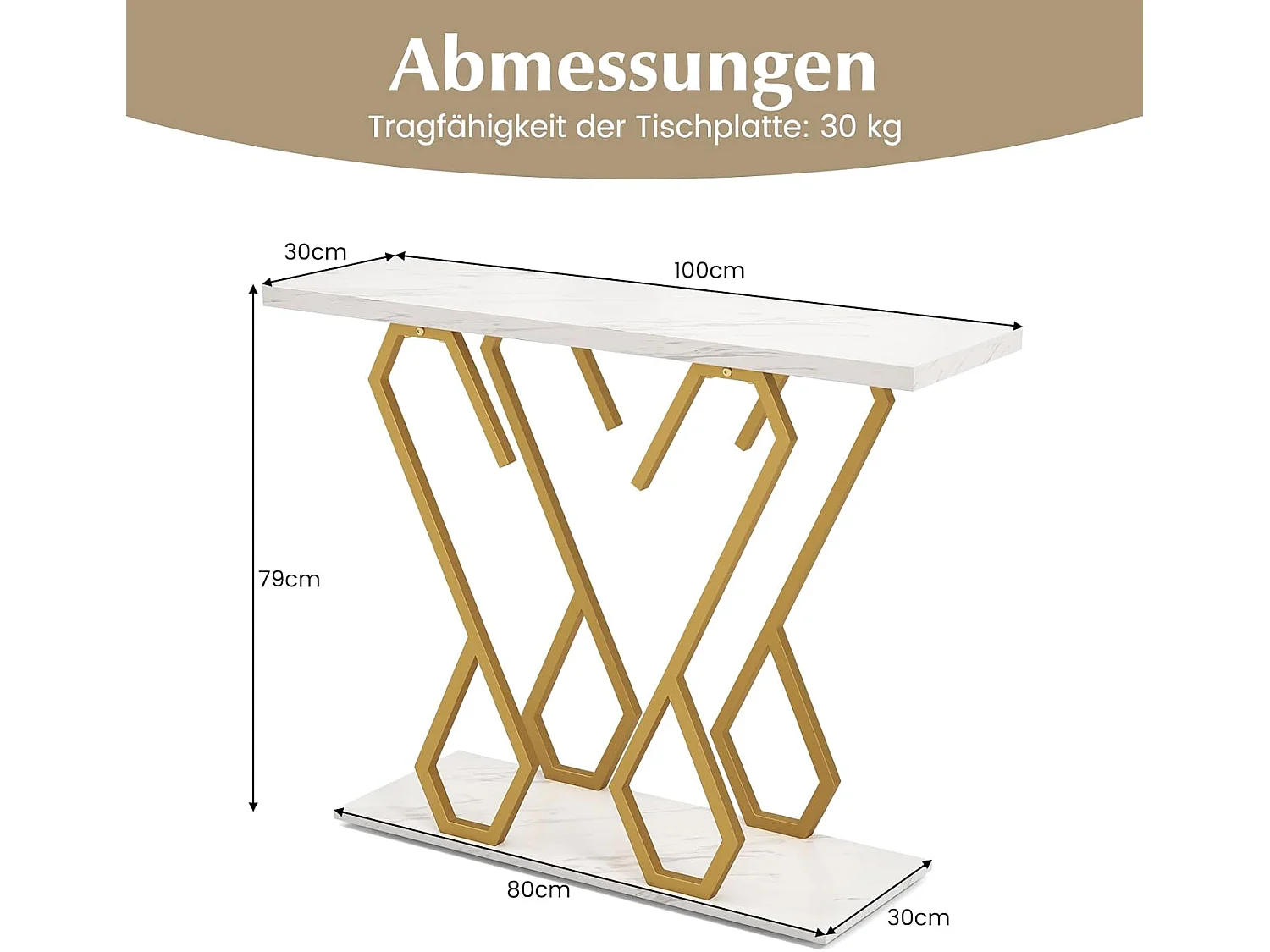 Consoletafel, entreetafel, marmerlook, smalle sofatafel, met metalen frame in vlindervorm,goud + wit, 100 x 30 x 79 cm, voor woonkamer, kantoor en entree
