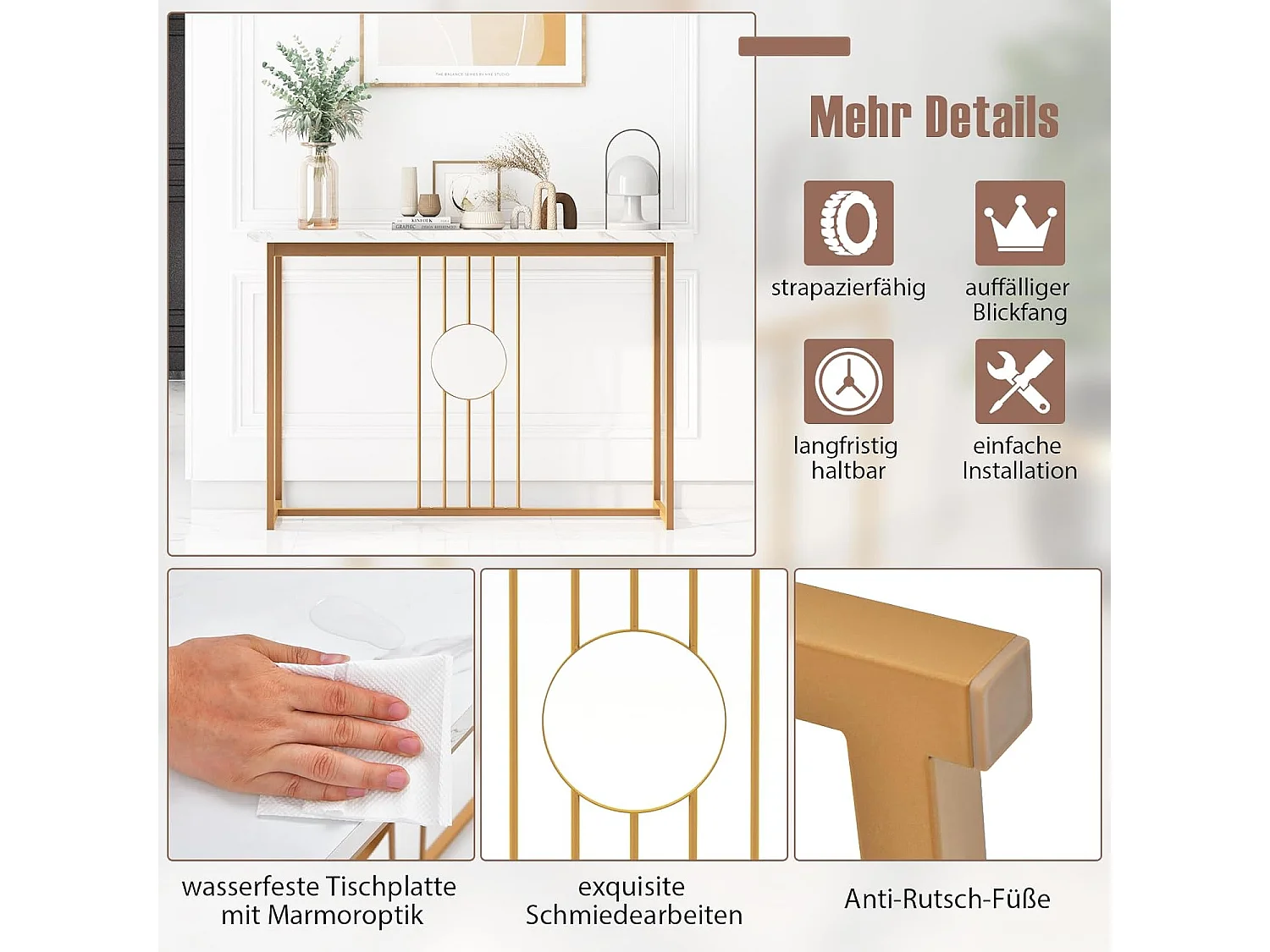 Consoletafel, smal, haltafel, marmerlook, bijzettafel met geometrisch metalen frame, modern 120 x 30 x 80 cm, voor woonkamer, hal, entreeVH33313