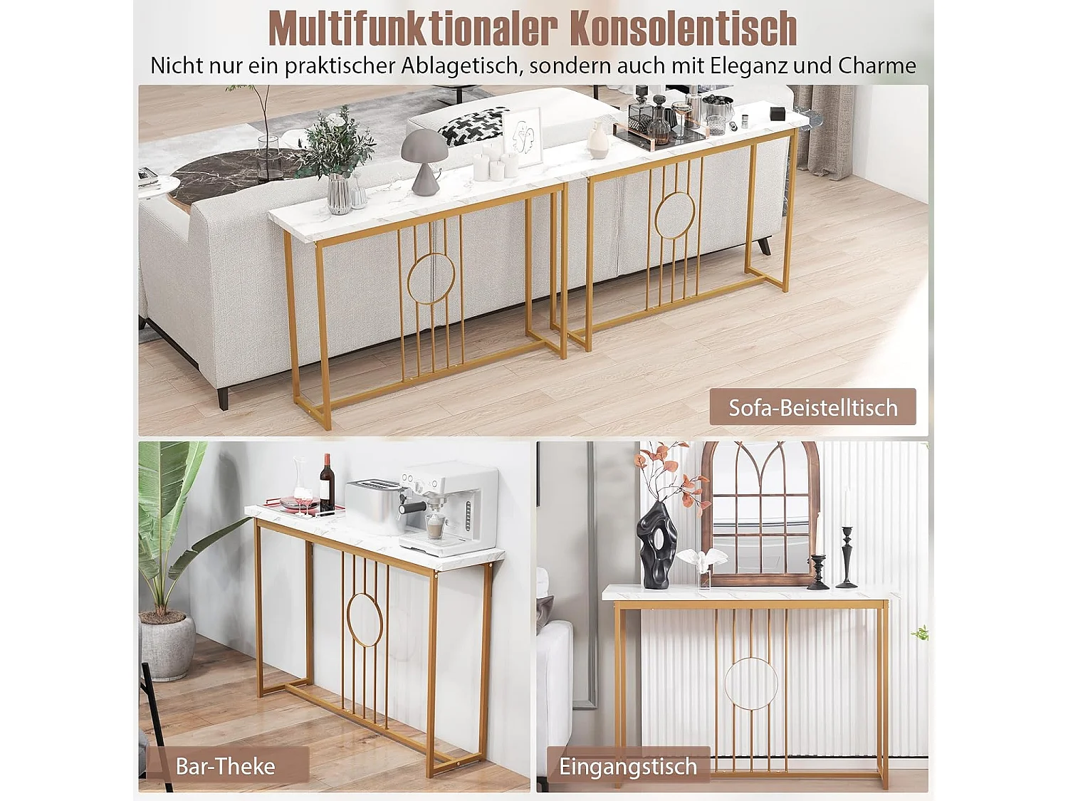 Consoletafel, smal, haltafel, marmerlook, bijzettafel met geometrisch metalen frame, modern 120 x 30 x 80 cm, voor woonkamer, hal, entreeVH33313