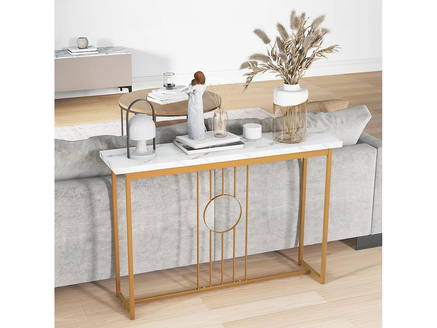 Consoletafel, smal, haltafel, marmerlook, bijzettafel met geometrisch metalen frame, modern 120 x 30 x 80 cm, voor woonkamer, hal, entreeVH33313