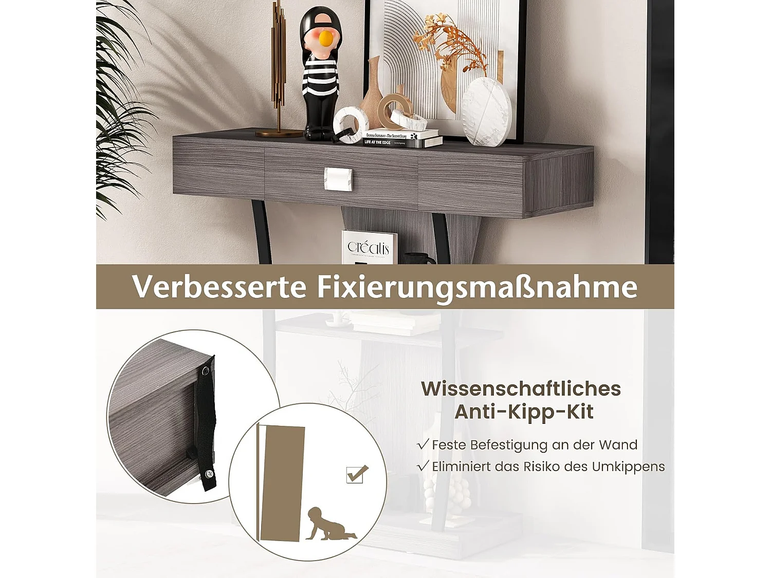 Consoletafel van hout, met laden en metalen frame en 2 planken, smalle gangtafel, bijzettafel met kantelbeveiliging, voor entree en woonkamer (grijs)VH32710