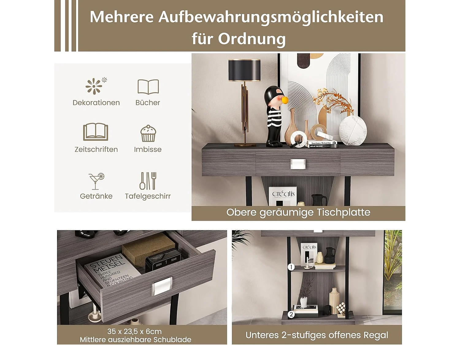 Consoletafel van hout, met laden en metalen frame en 2 planken, smalle gangtafel, bijzettafel met kantelbeveiliging, voor entree en woonkamer (grijs)VH32710