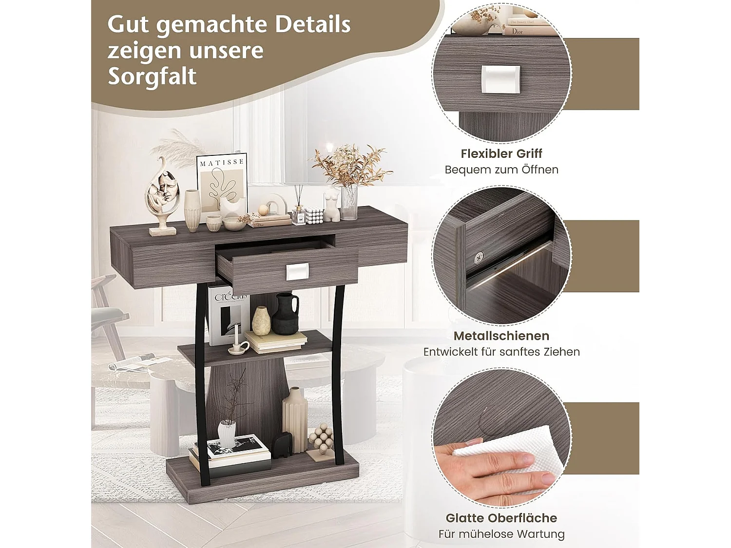 Consoletafel van hout, met laden en metalen frame en 2 planken, smalle gangtafel, bijzettafel met kantelbeveiliging, voor entree en woonkamer (grijs)VH32710