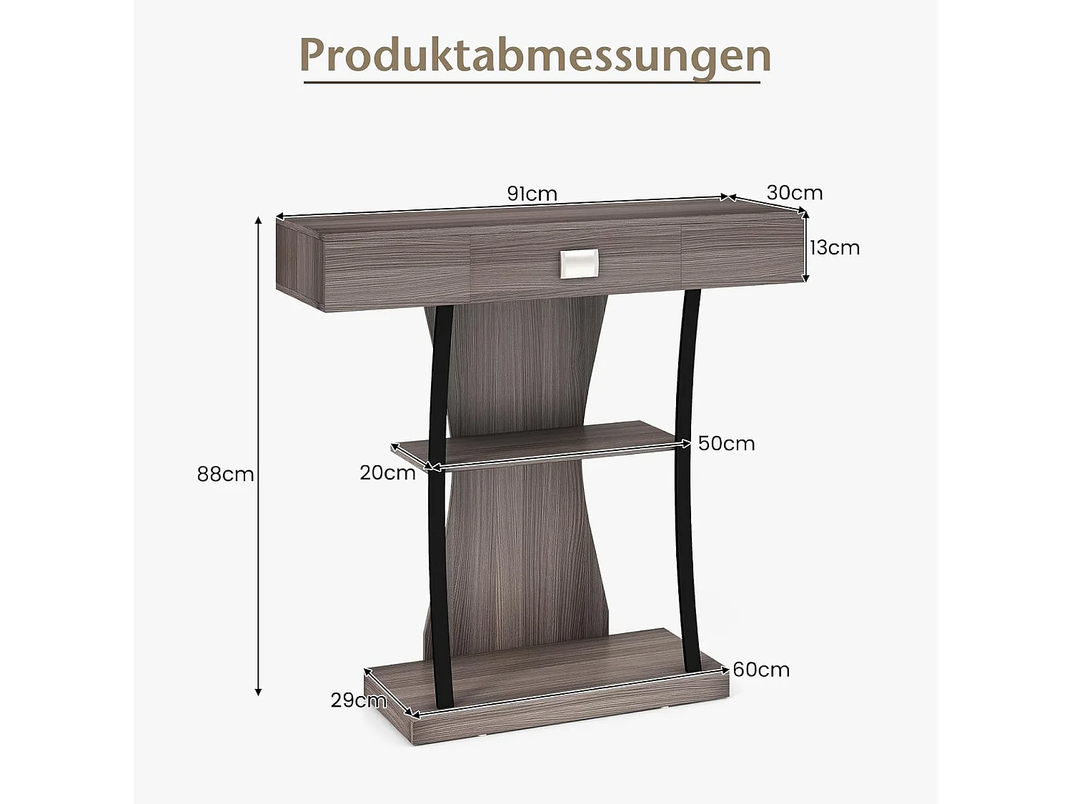 Consoletafel van hout, met laden en metalen frame en 2 planken, smalle gangtafel, bijzettafel met kantelbeveiliging, voor entree en woonkamer (grijs)VH32710