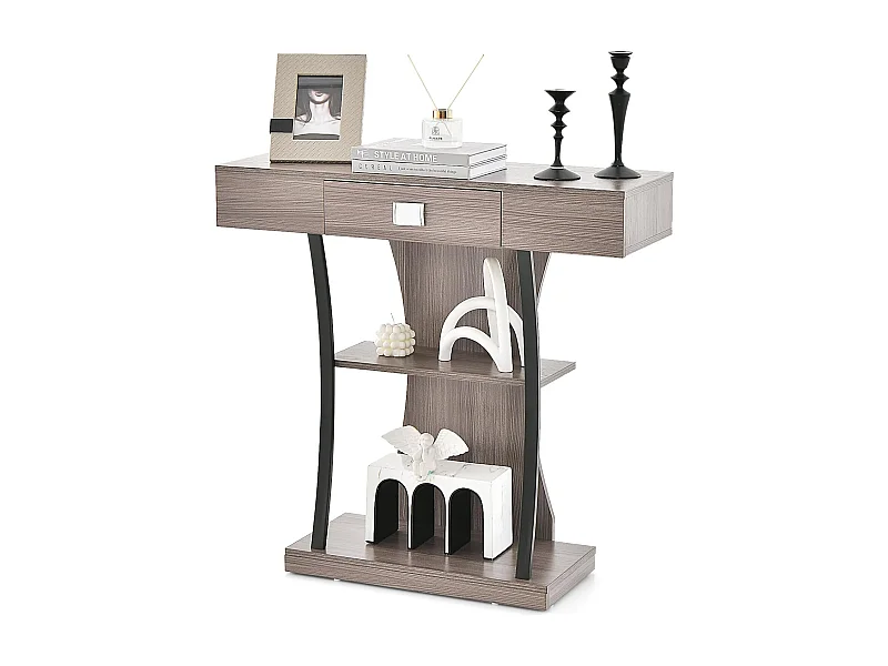 Consoletafel van hout, met laden en metalen frame en 2 planken, smalle gangtafel, bijzettafel met kantelbeveiliging, voor entree en woonkamer (grijs)VH32710