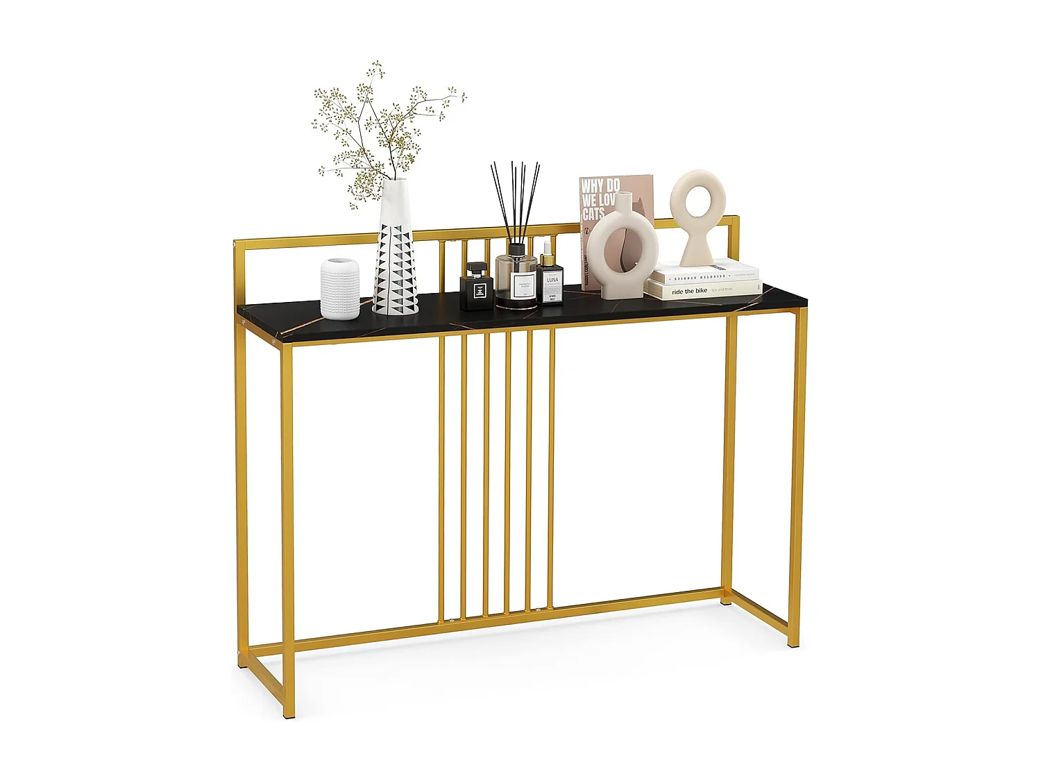 Consoletafel, bijzettafel, goudkleurig, haltafel, marmerlook, smal, goudkleurig metalen frame, 120 x 32,5 x 88 cm (zwart)VH32104