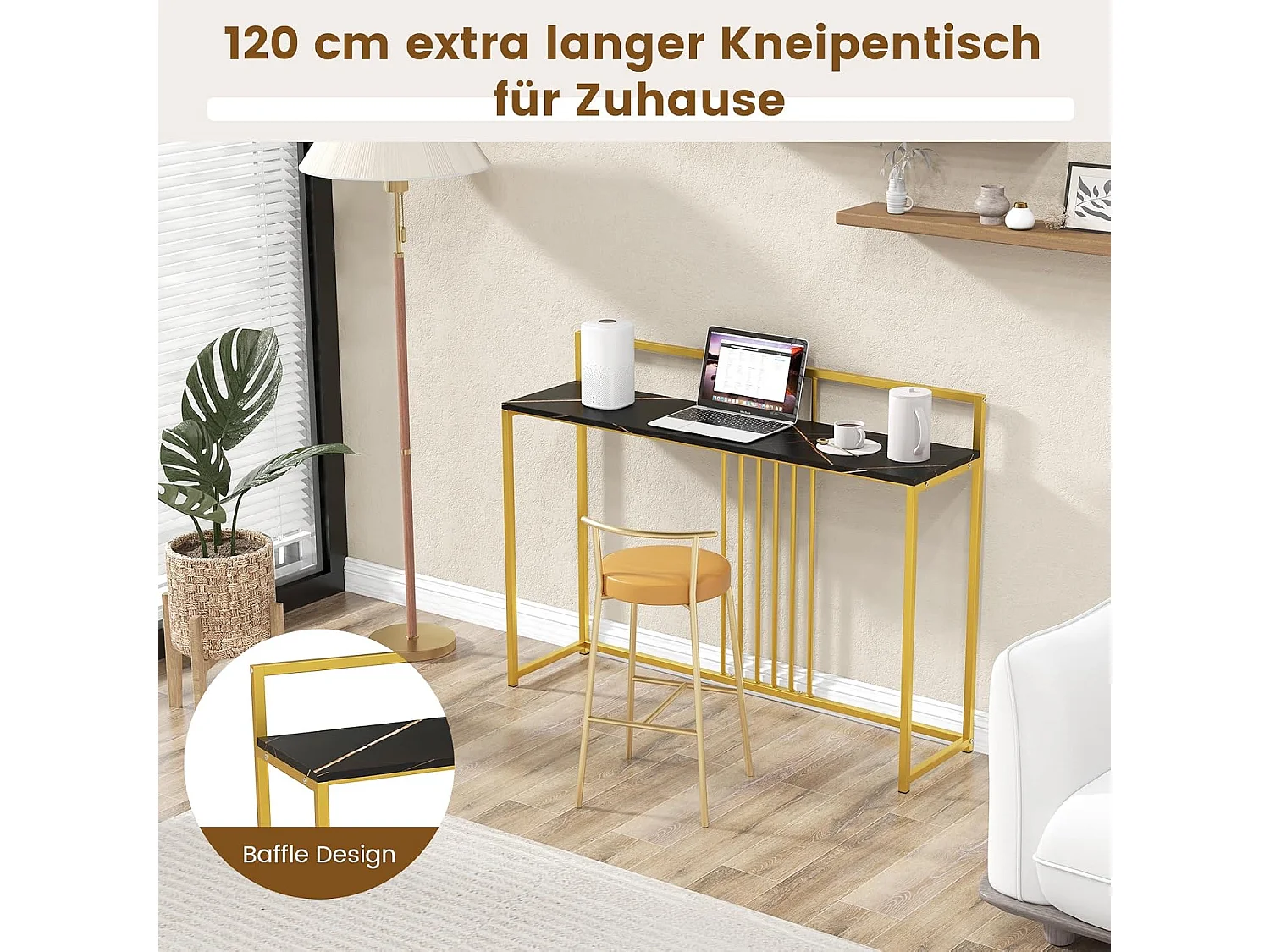 Consoletafel, bijzettafel, goudkleurig, haltafel, marmerlook, smal, goudkleurig metalen frame, 120 x 32,5 x 88 cm (zwart)VH32104