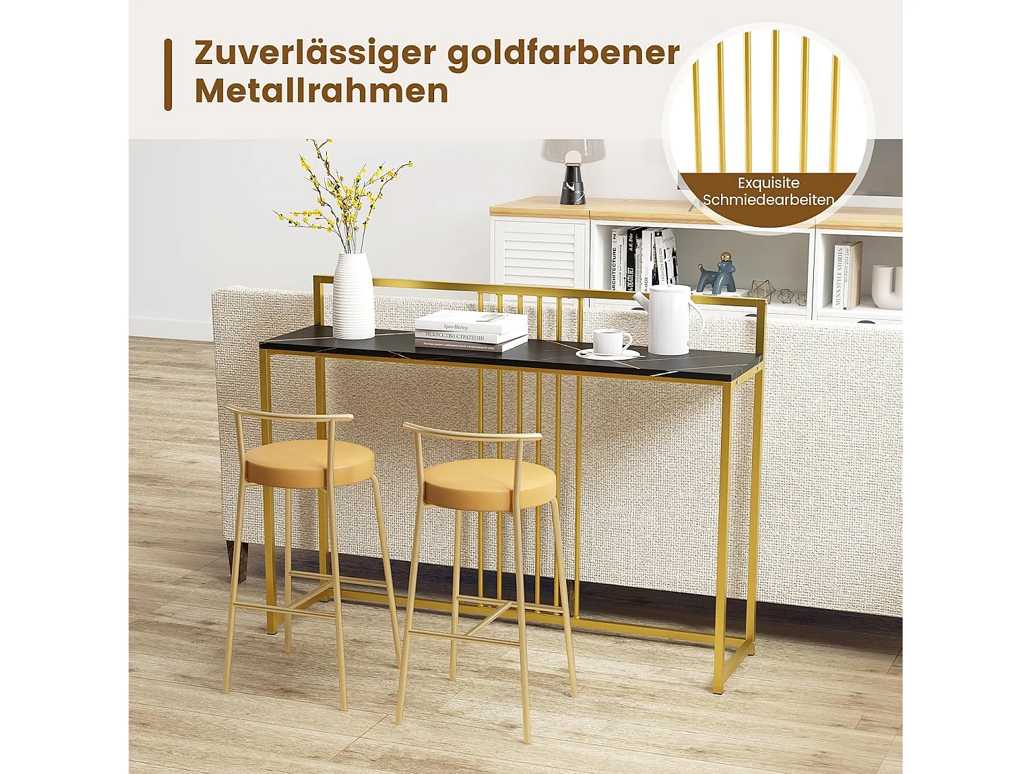 Consoletafel, bijzettafel, goudkleurig, haltafel, marmerlook, smal, goudkleurig metalen frame, 120 x 32,5 x 88 cm (zwart)VH32104