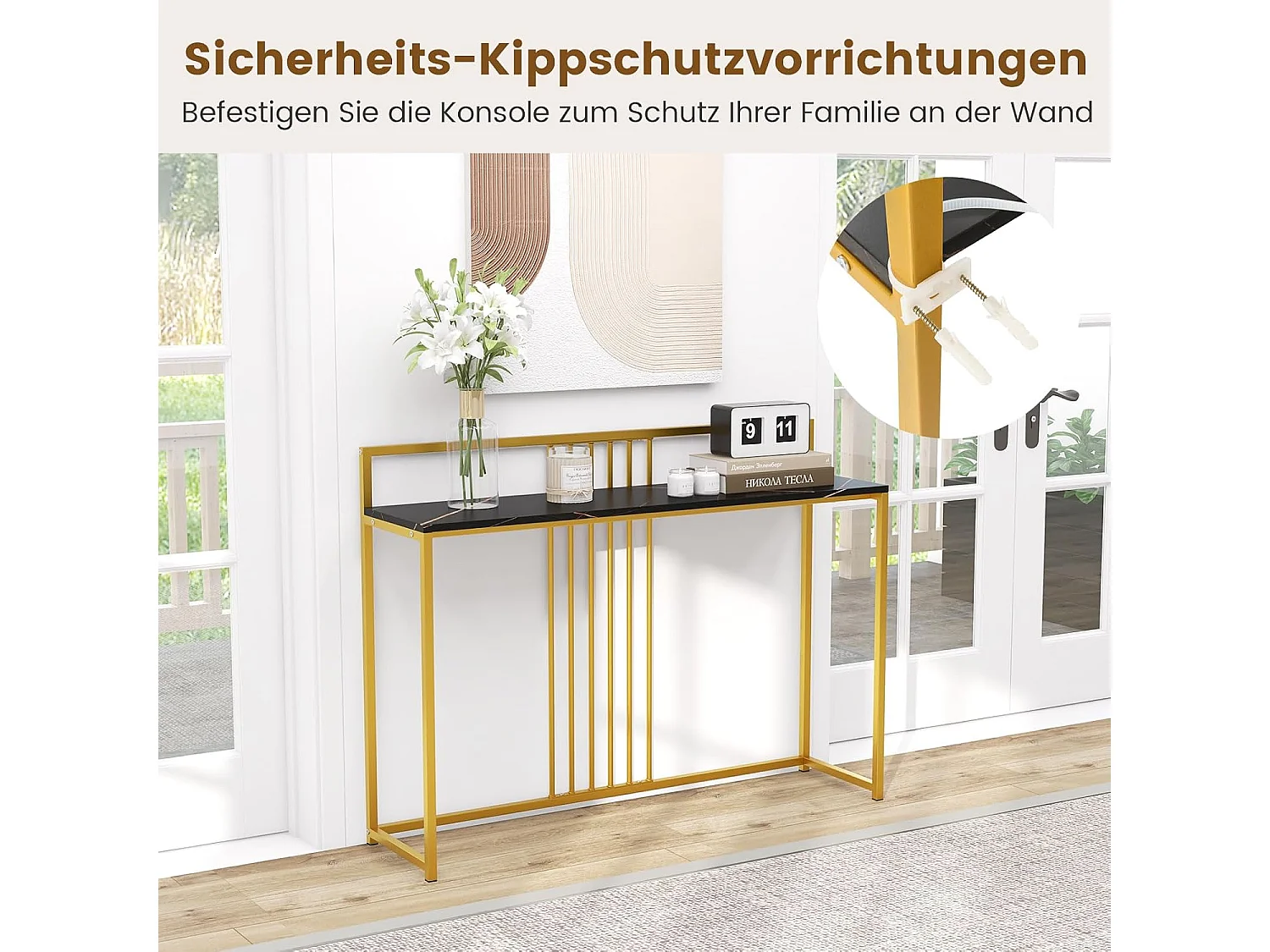 Consoletafel, bijzettafel, goudkleurig, haltafel, marmerlook, smal, goudkleurig metalen frame, 120 x 32,5 x 88 cm (zwart)VH32104